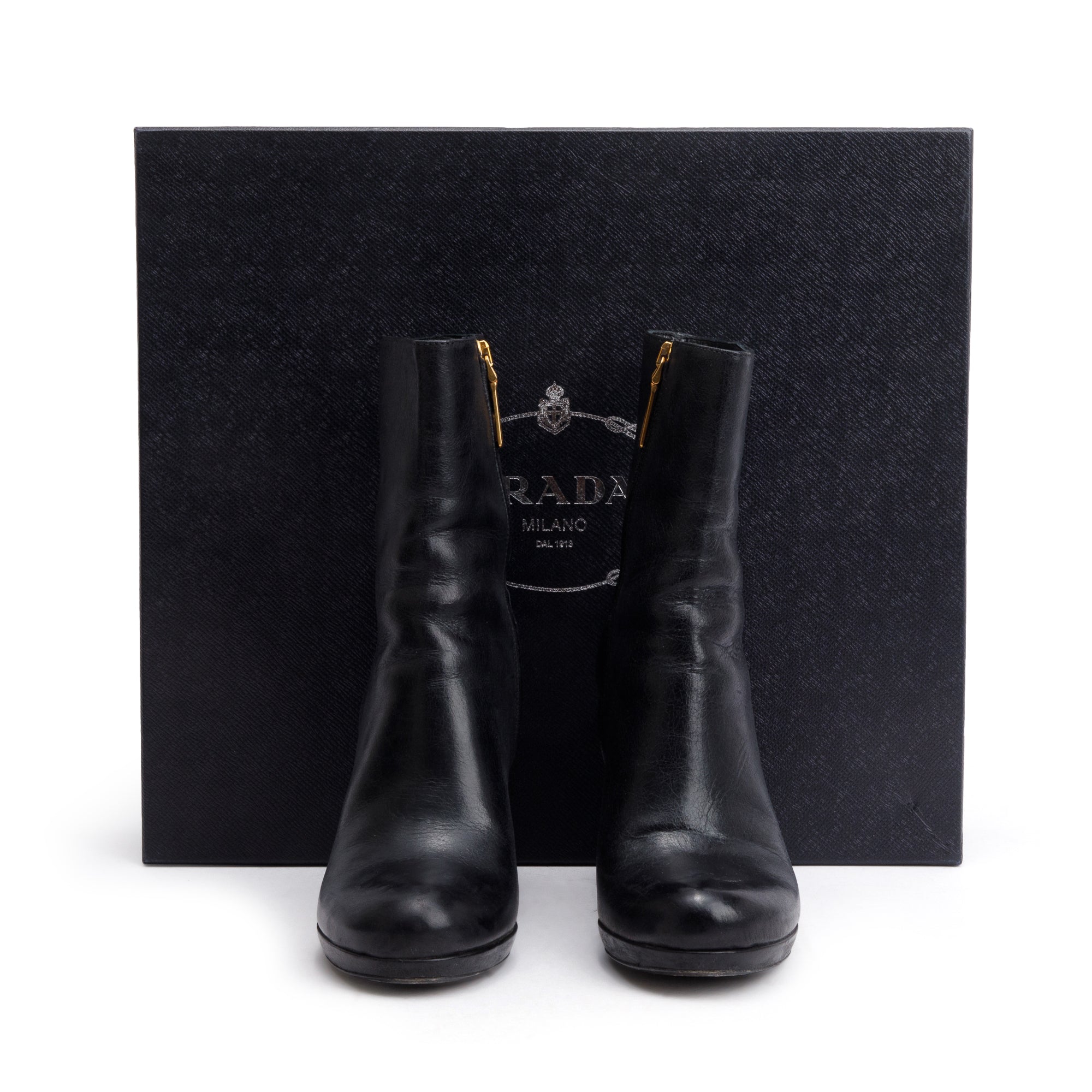 Prada Black Leather Ankle Boots, Size 36.5 w/ Box
