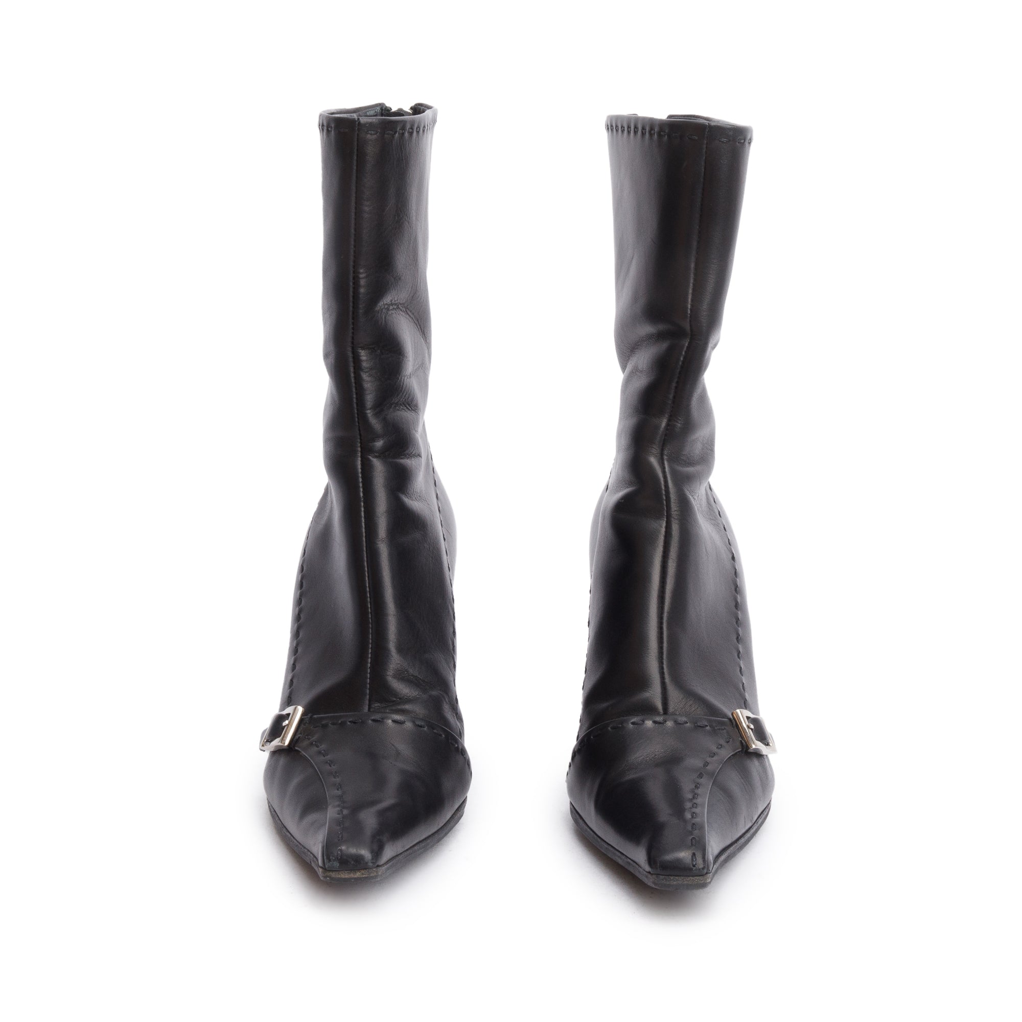 Prada Black Leather Buckle Accent Pointed Toe Ankle Boots, Size 37.5