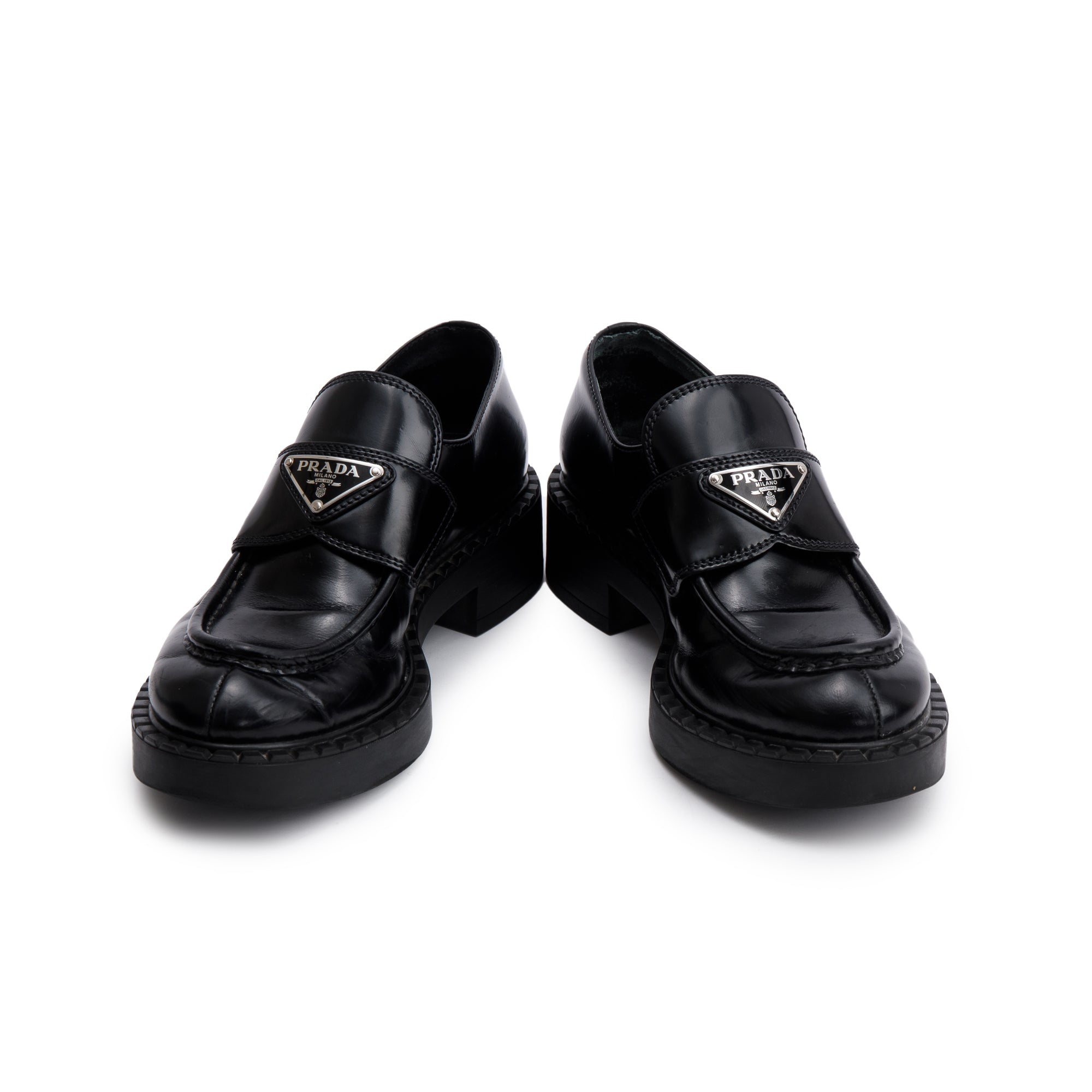 Prada Black Leather Signature Logo Loafers, Size 35