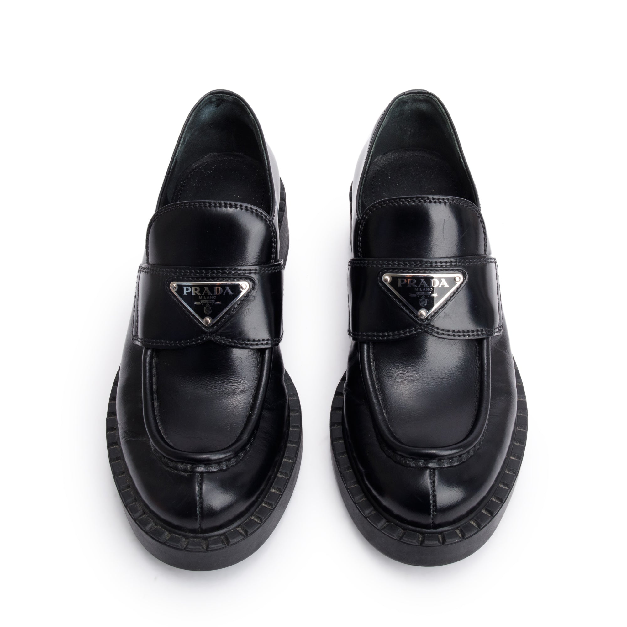 Prada Black Leather Signature Logo Loafers, Size 35 w/ Box
