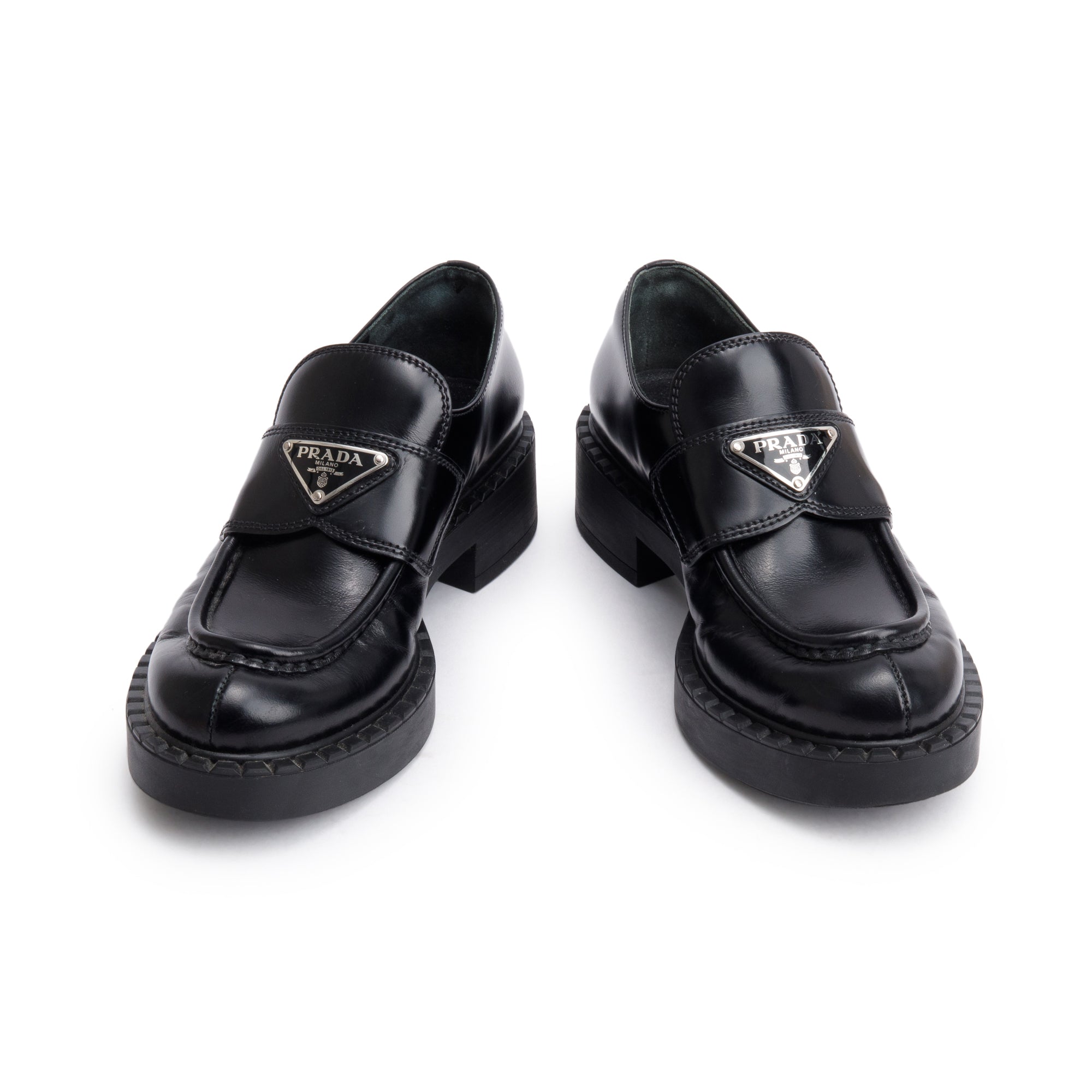 Prada Black Leather Signature Logo Loafers, Size 35 w/ Box