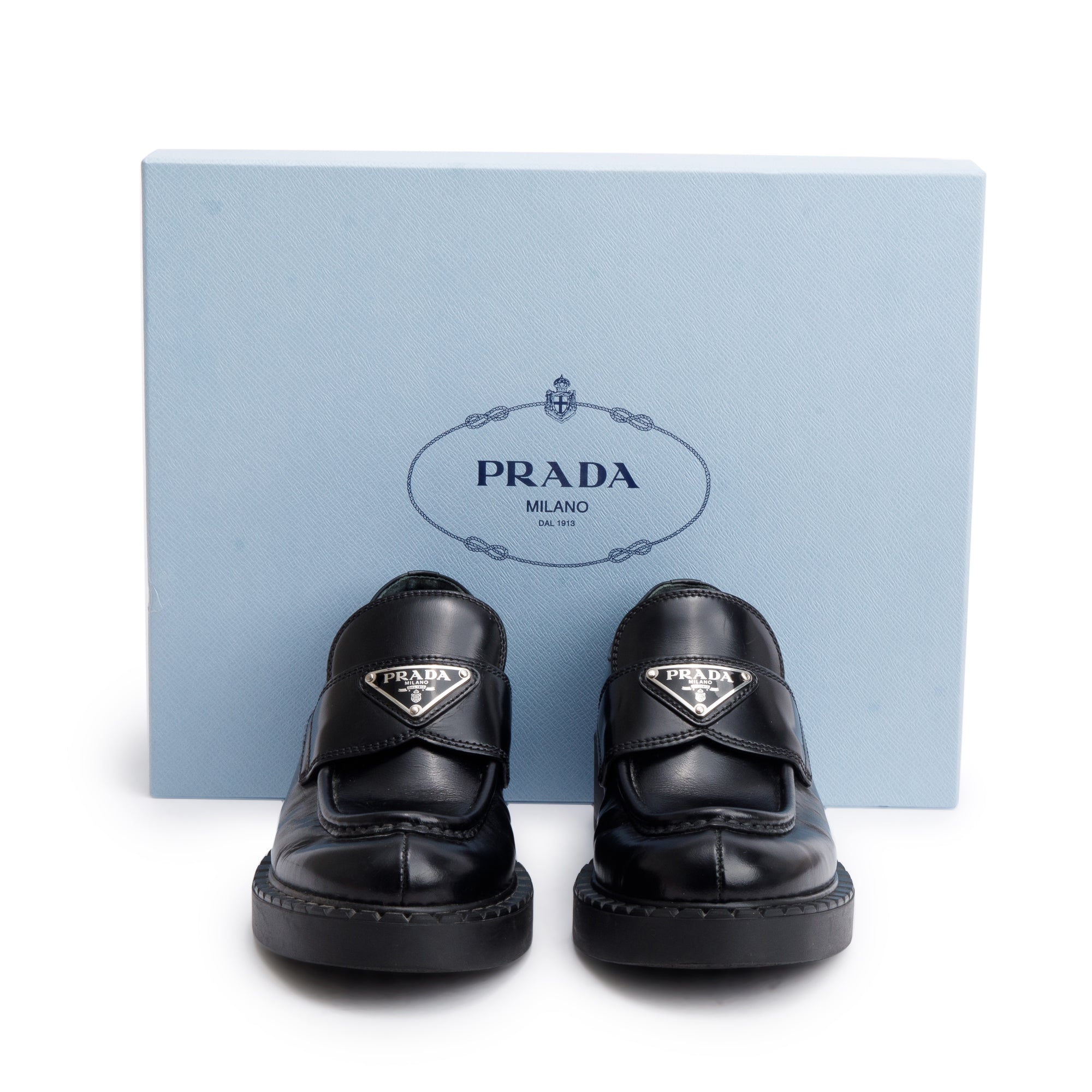 Prada Black Leather Signature Logo Loafers, Size 35 w/ Box
