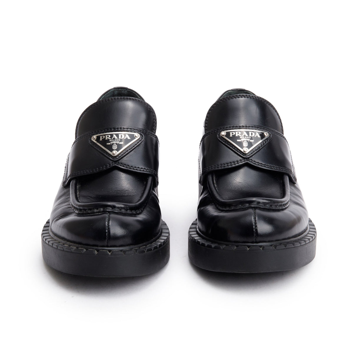 Prada Black Leather Signature Logo Loafers, Size 35 w/ Box – OLIVER'S