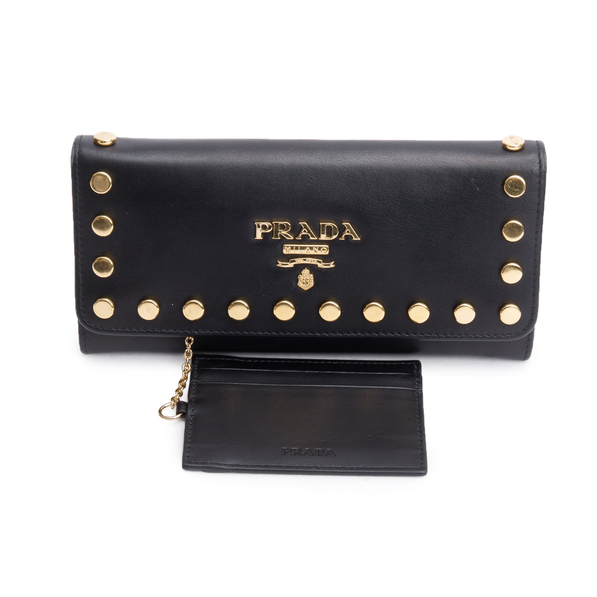 Prada Black Leather Studded Continental Flap Wallet