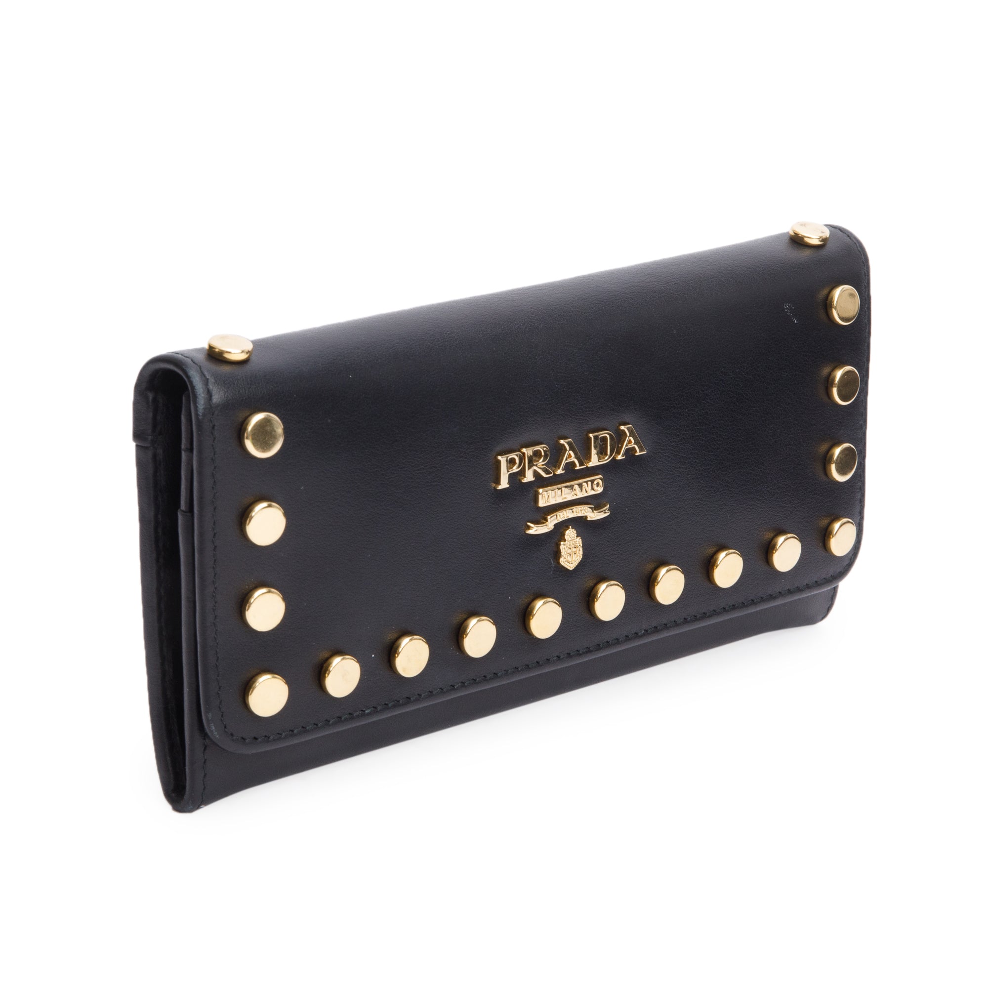 Prada Black Leather Studded Continental Flap Wallet