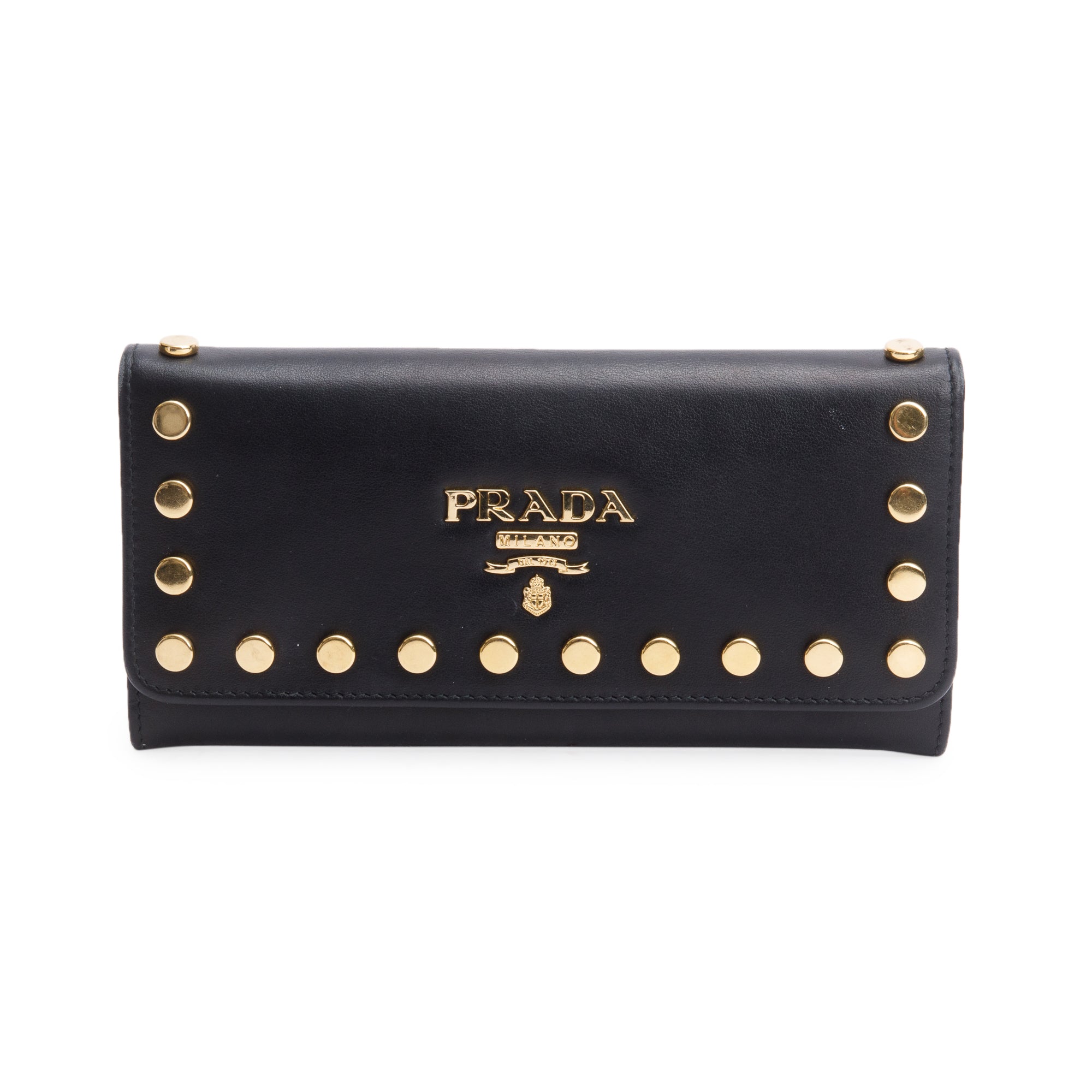Prada Black Leather Studded Continental Flap Wallet