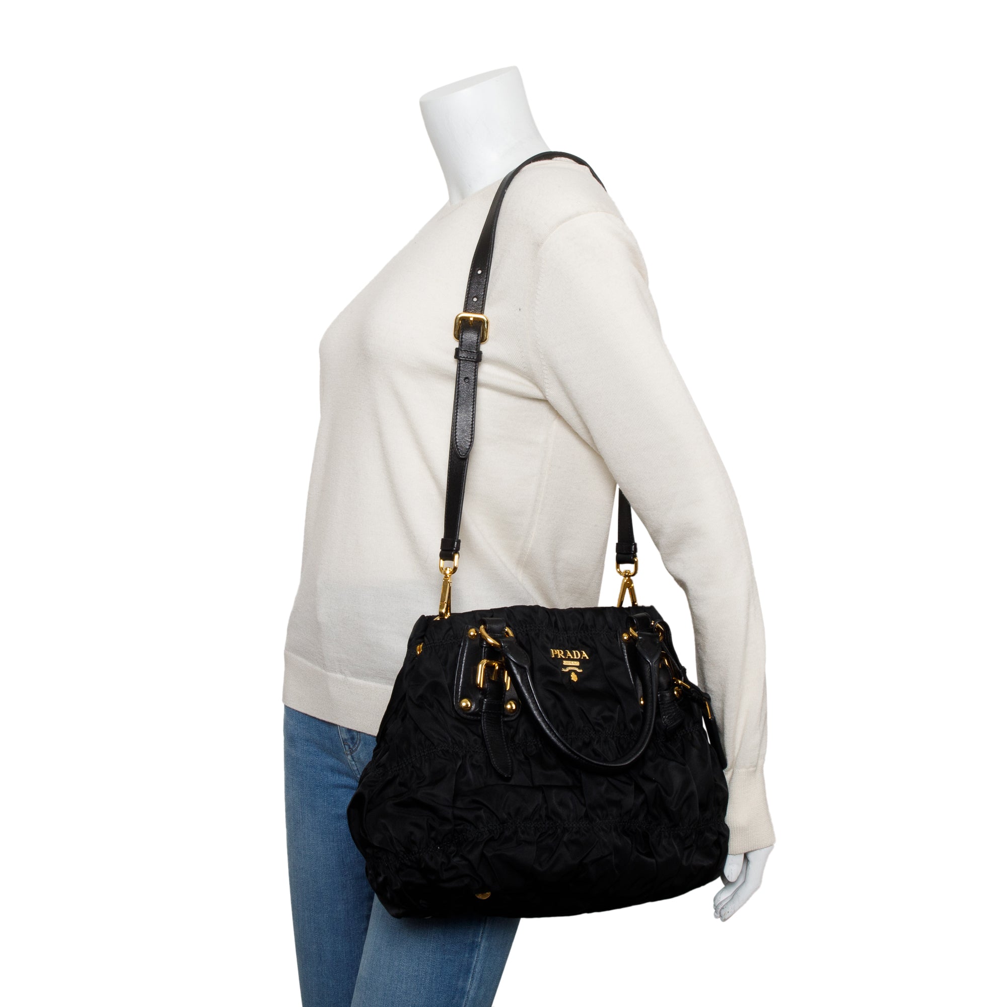 Prada Black Leather-Trimmed Tessuto Gaufre Tote w/ Strap