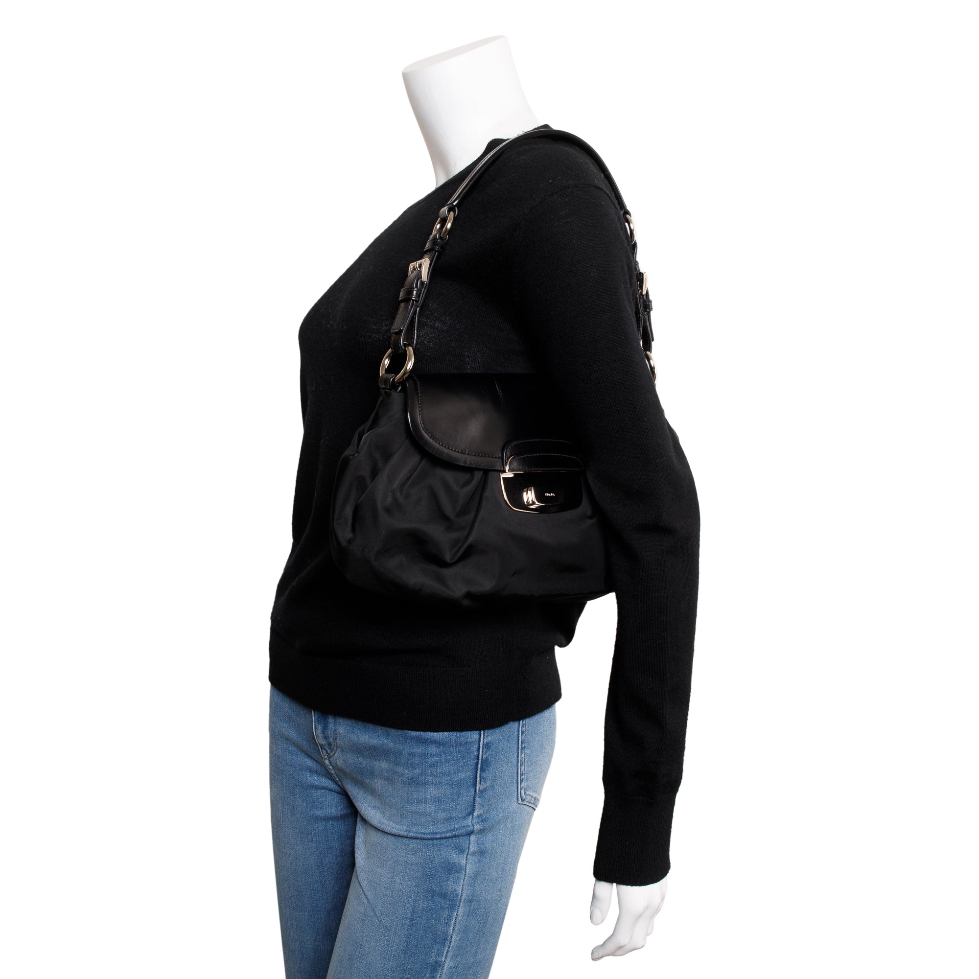 Prada Black Leather-Trimmed Tessuto Nylon Pushlock Flap Hobo Bag