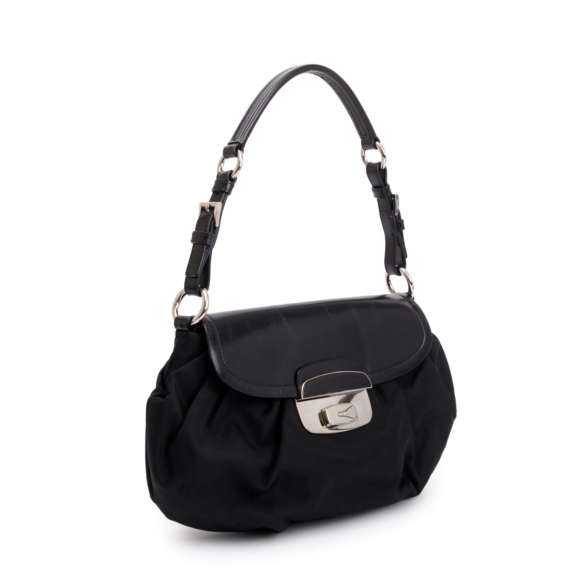 Prada Black Leather-Trimmed Tessuto Nylon Pushlock Flap Hobo Bag