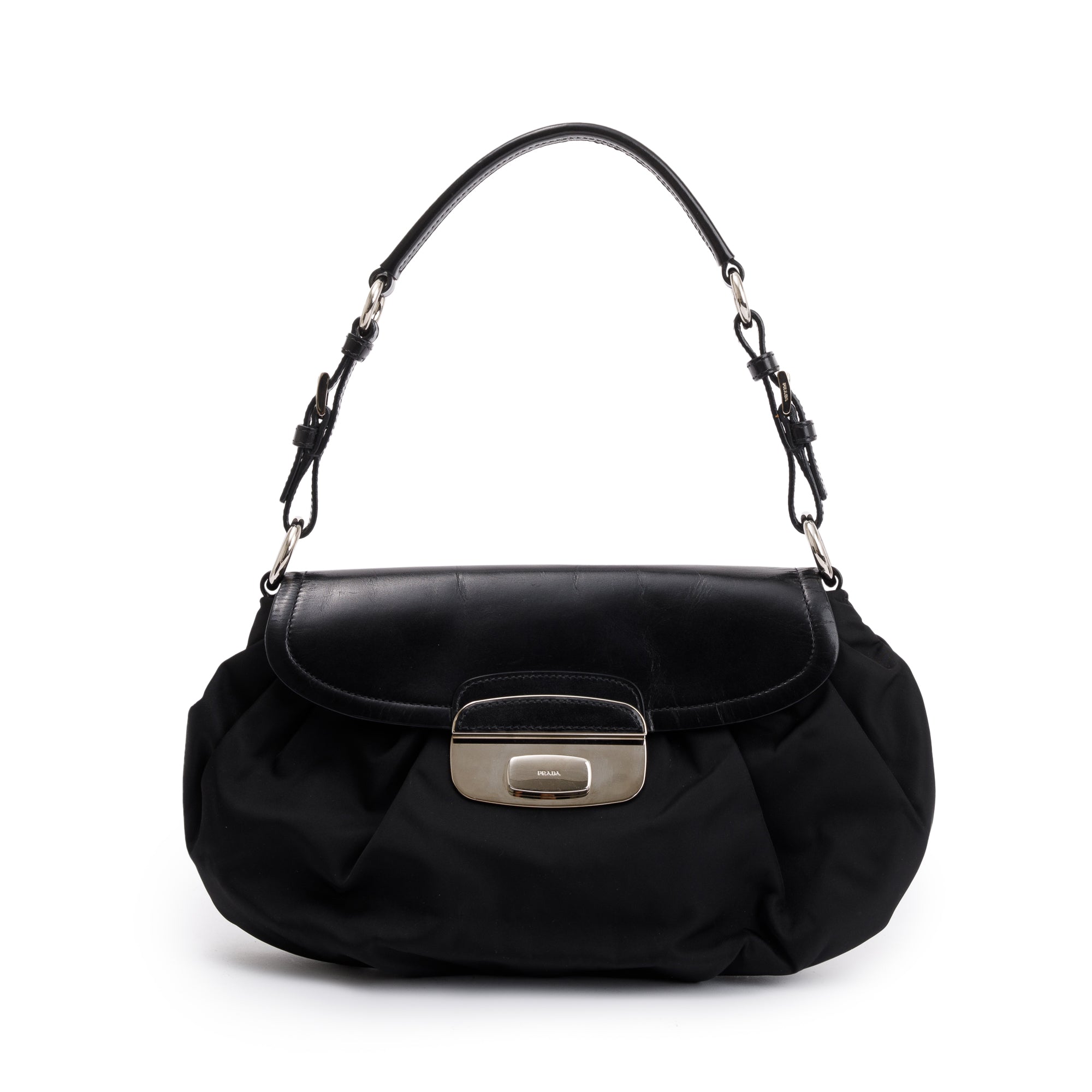 Prada Black Leather-Trimmed Tessuto Nylon Pushlock Flap Hobo Bag