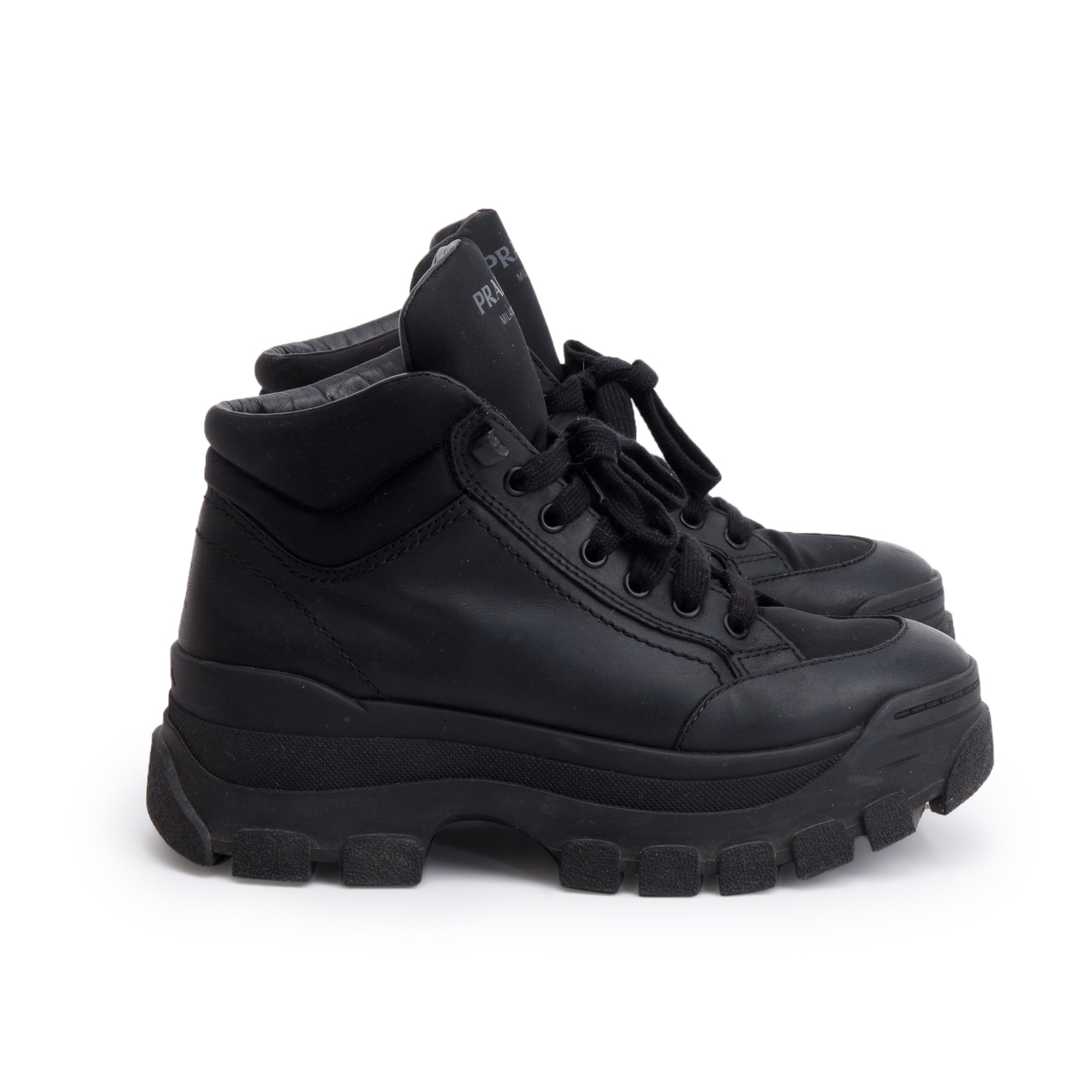 Prada Black Leather and Re-Nylon Combat Boots, Size 37.5
