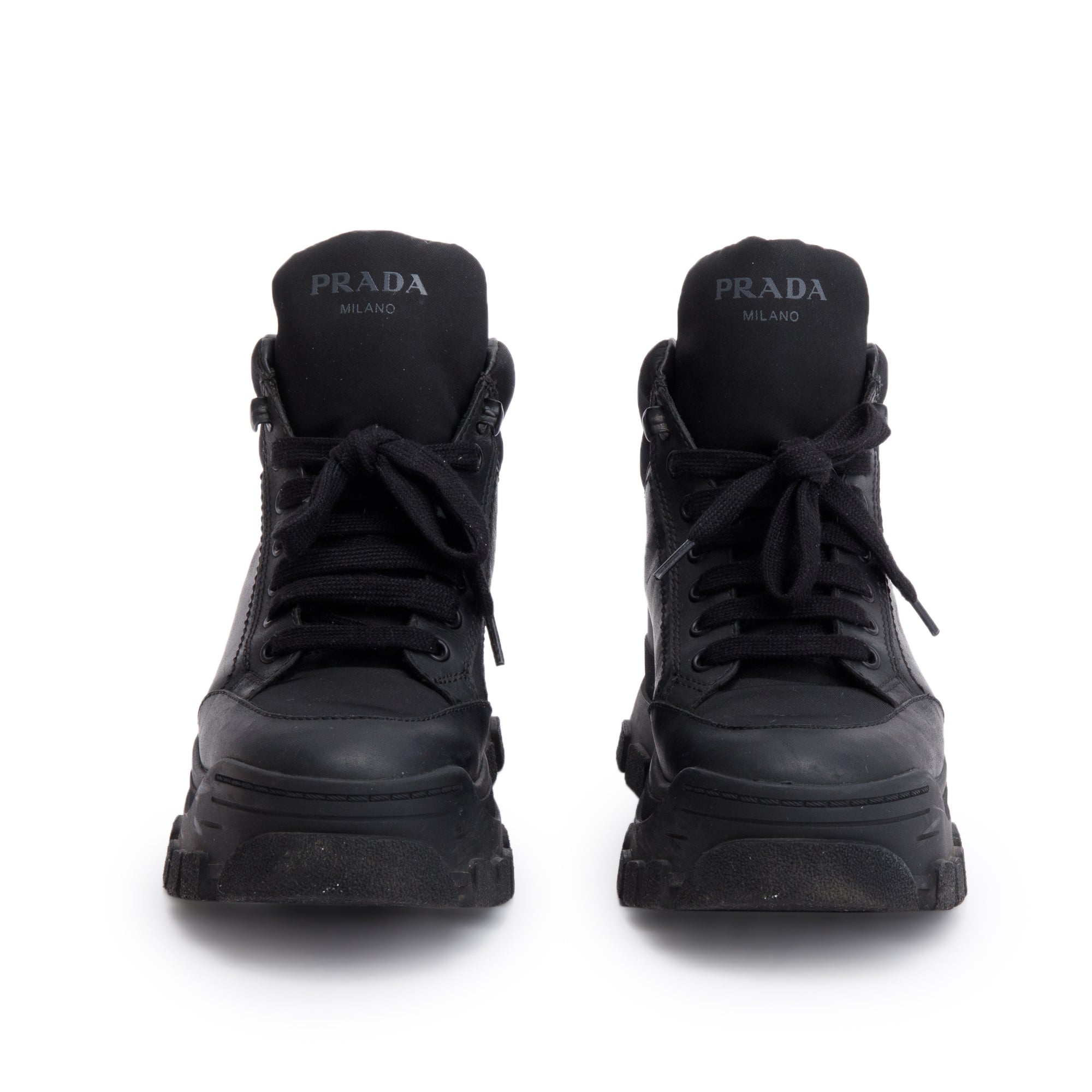 Prada Black Leather and Re-Nylon Combat Boots, Size 37.5