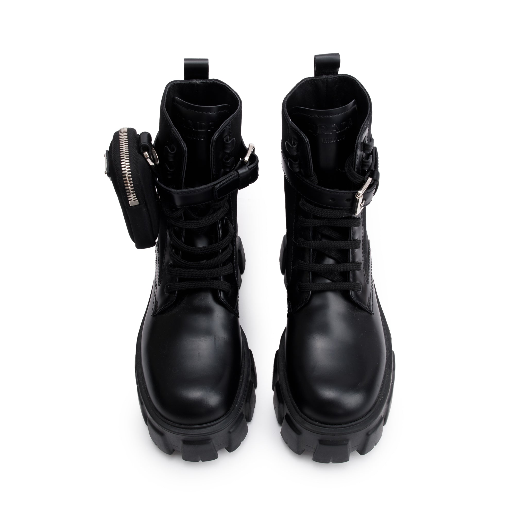 Prada Black Monolith Leather and Re-Nylon Boots with Pouch, Size 36