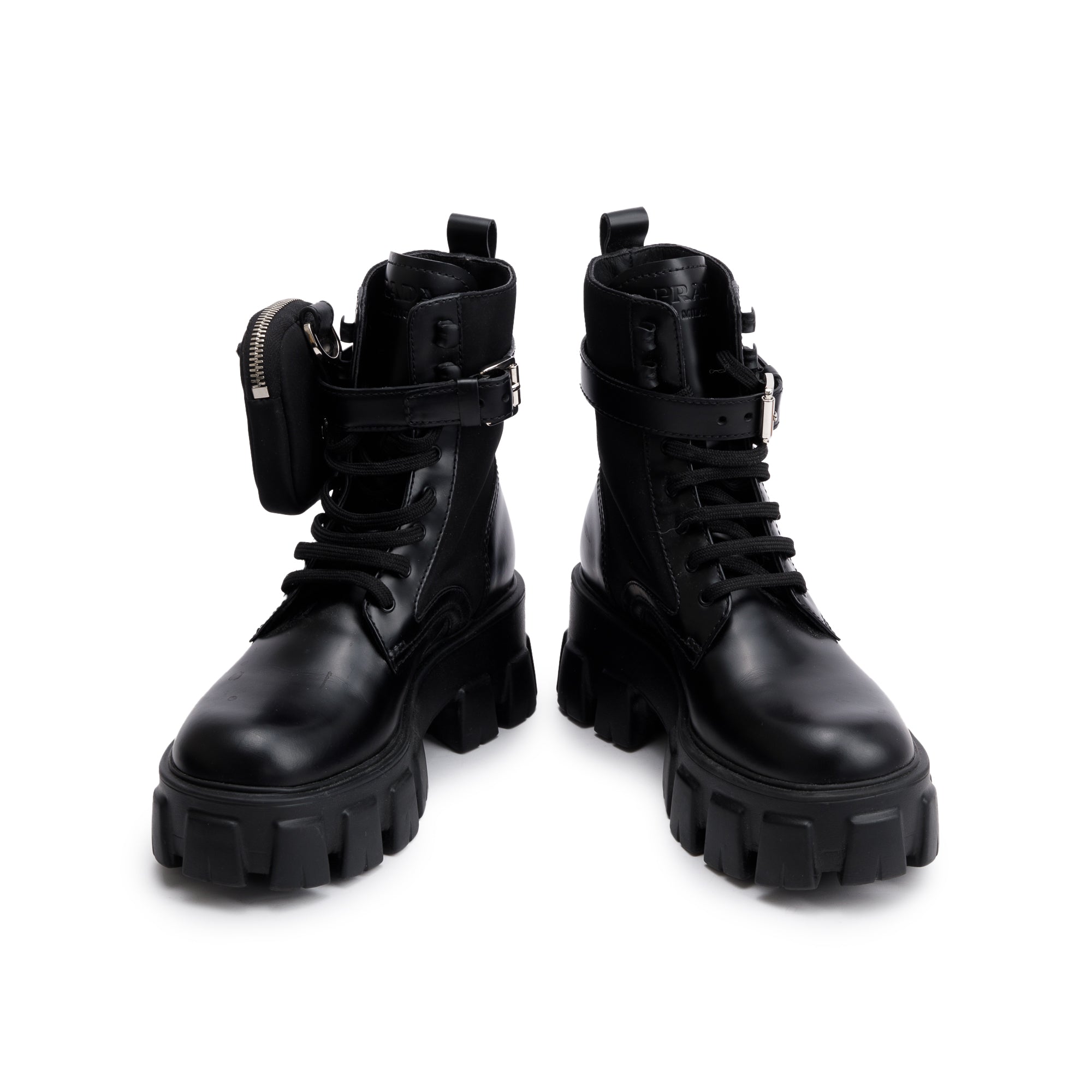 Prada Black Monolith Leather and Re-Nylon Boots with Pouch, Size 36