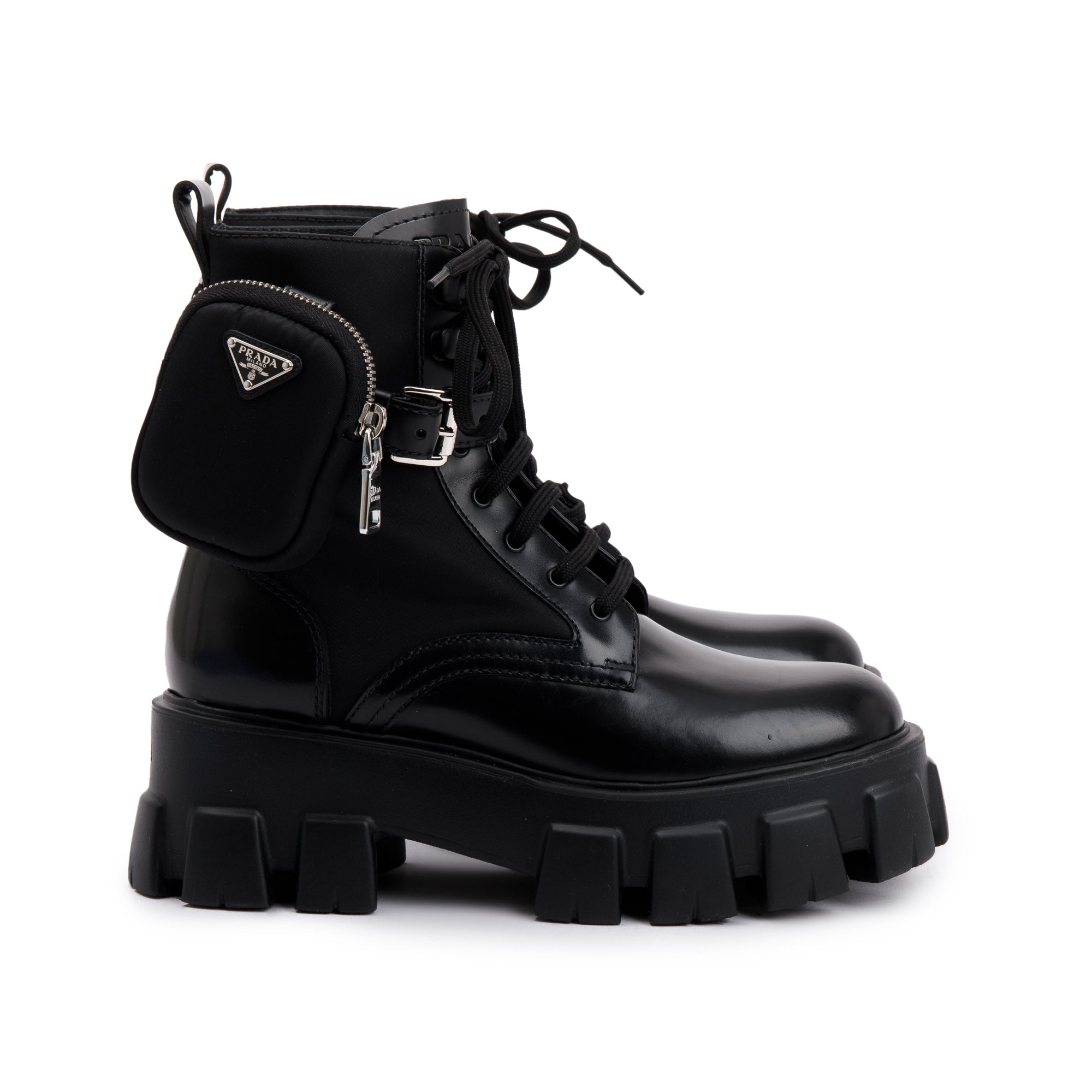 Prada Black Monolith Leather and Re-Nylon Boots with Pouch, Size 38 w/ Box