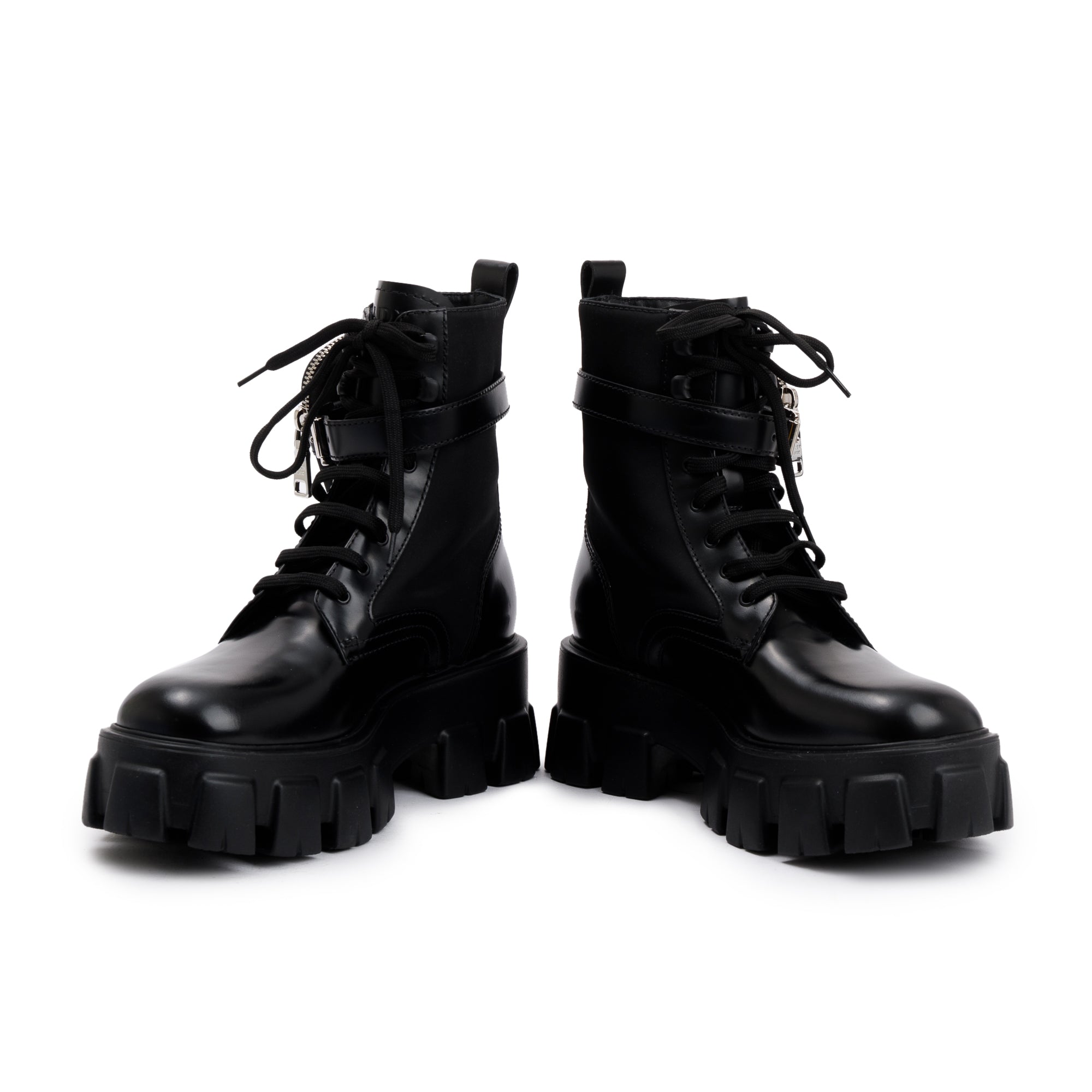 Prada Black Monolith Leather and Re-Nylon Boots with Pouch, Size 38 w/ Box