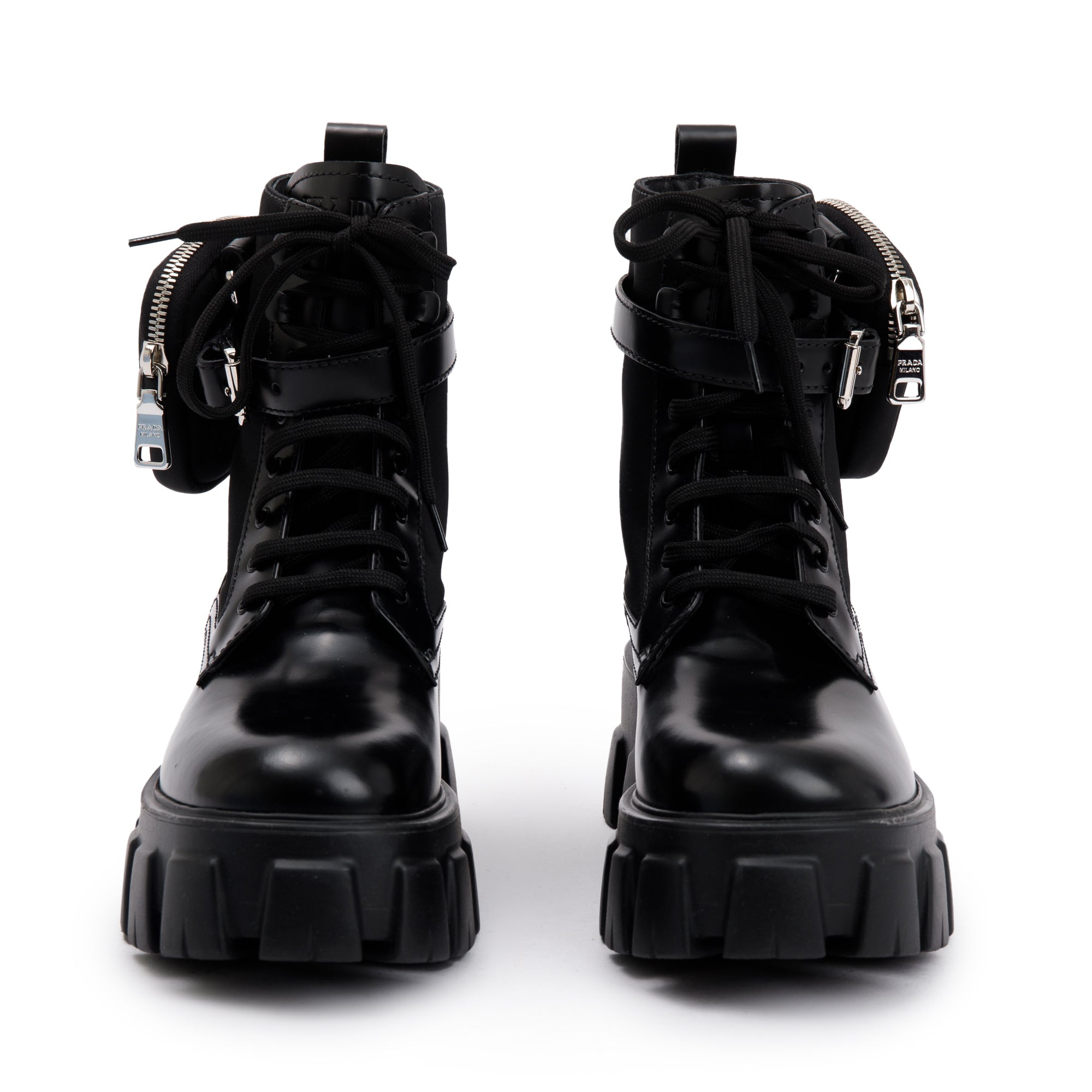 Prada Black Monolith Leather and Re-Nylon Boots with Pouch, Size 38 w/ Box