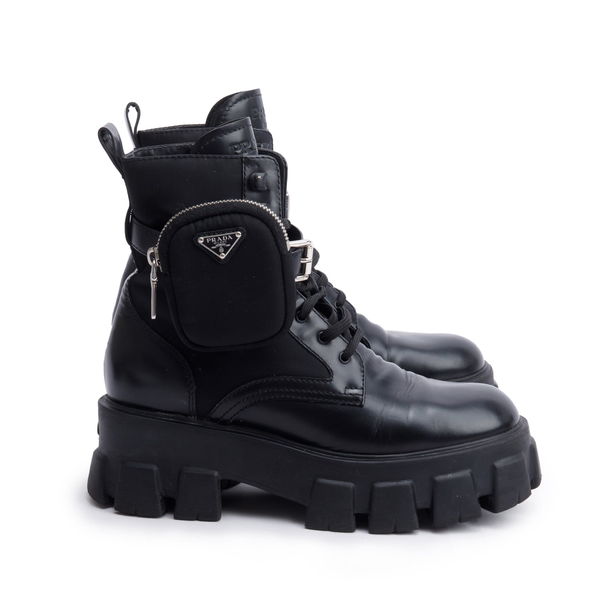 Prada Black Monolith Leather and Re-Nylon Boots with Pouch, Size 38.5
