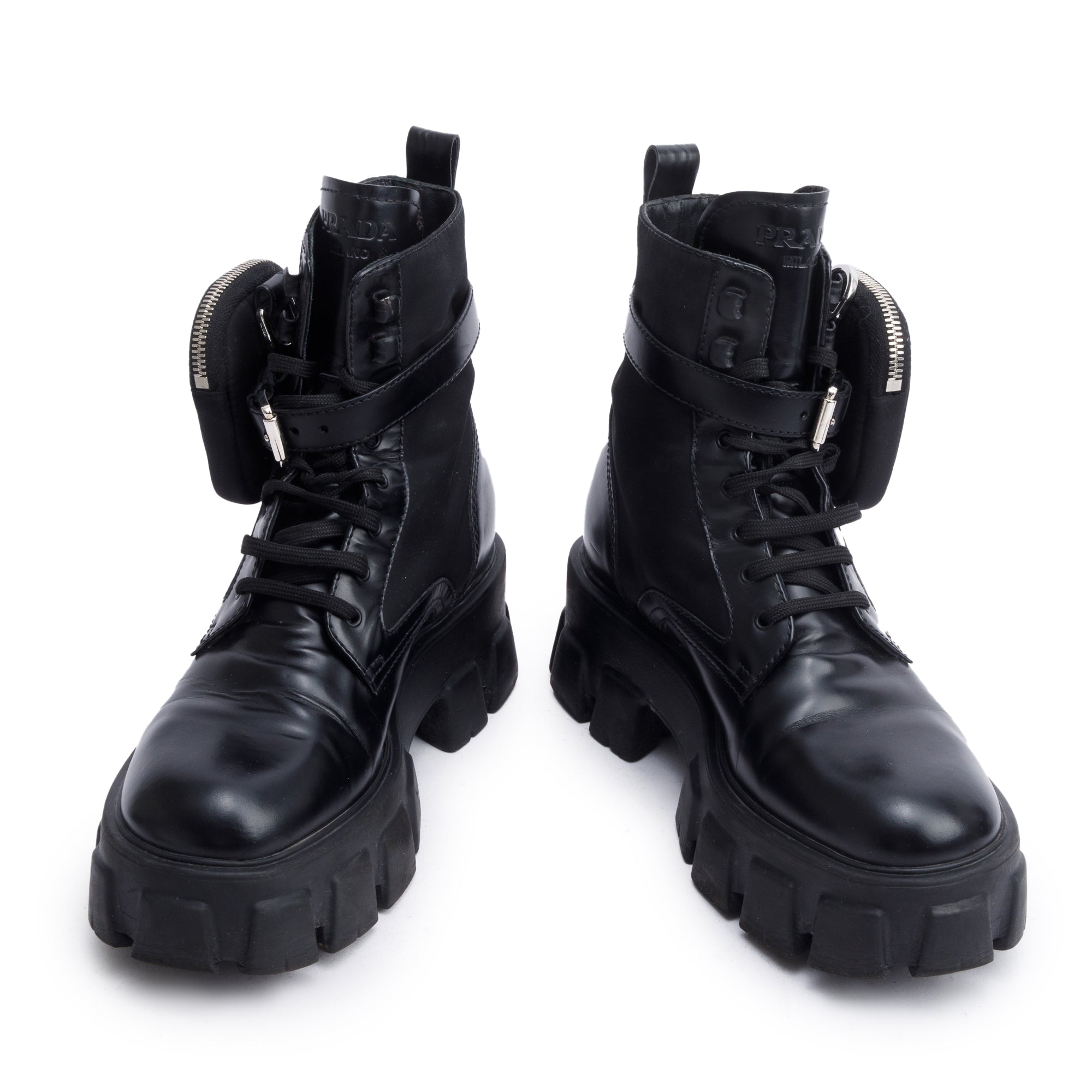 Prada Black Monolith Leather and Re-Nylon Boots with Pouch, Size 38.5