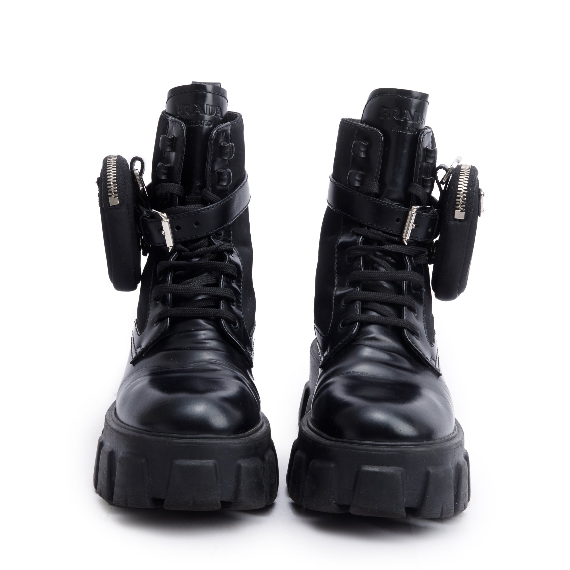Prada Black Monolith Leather and Re-Nylon Boots with Pouch, Size 38.5