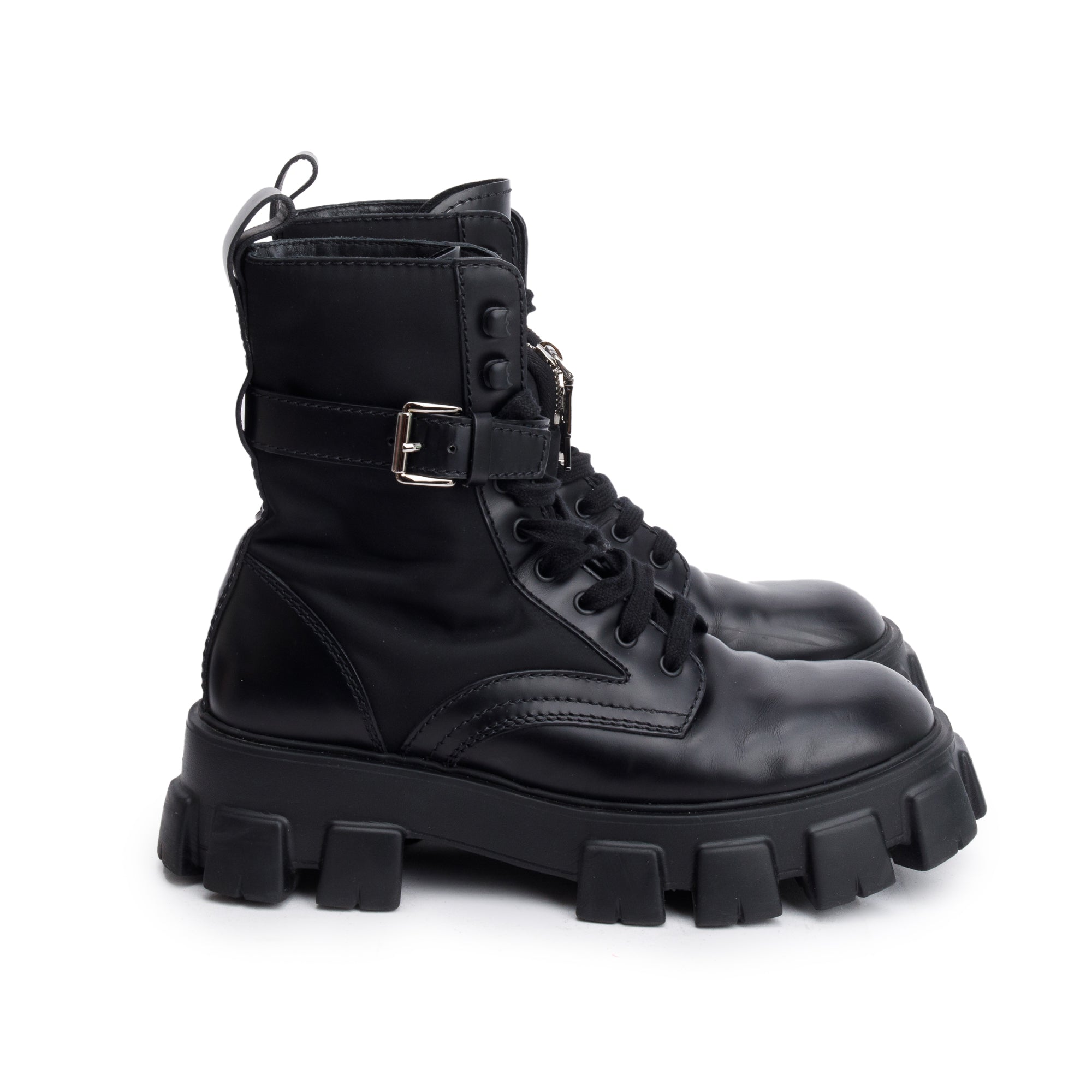 Prada Black Monolith Leather and Re-Nylon Boots with Pouch, Size 8