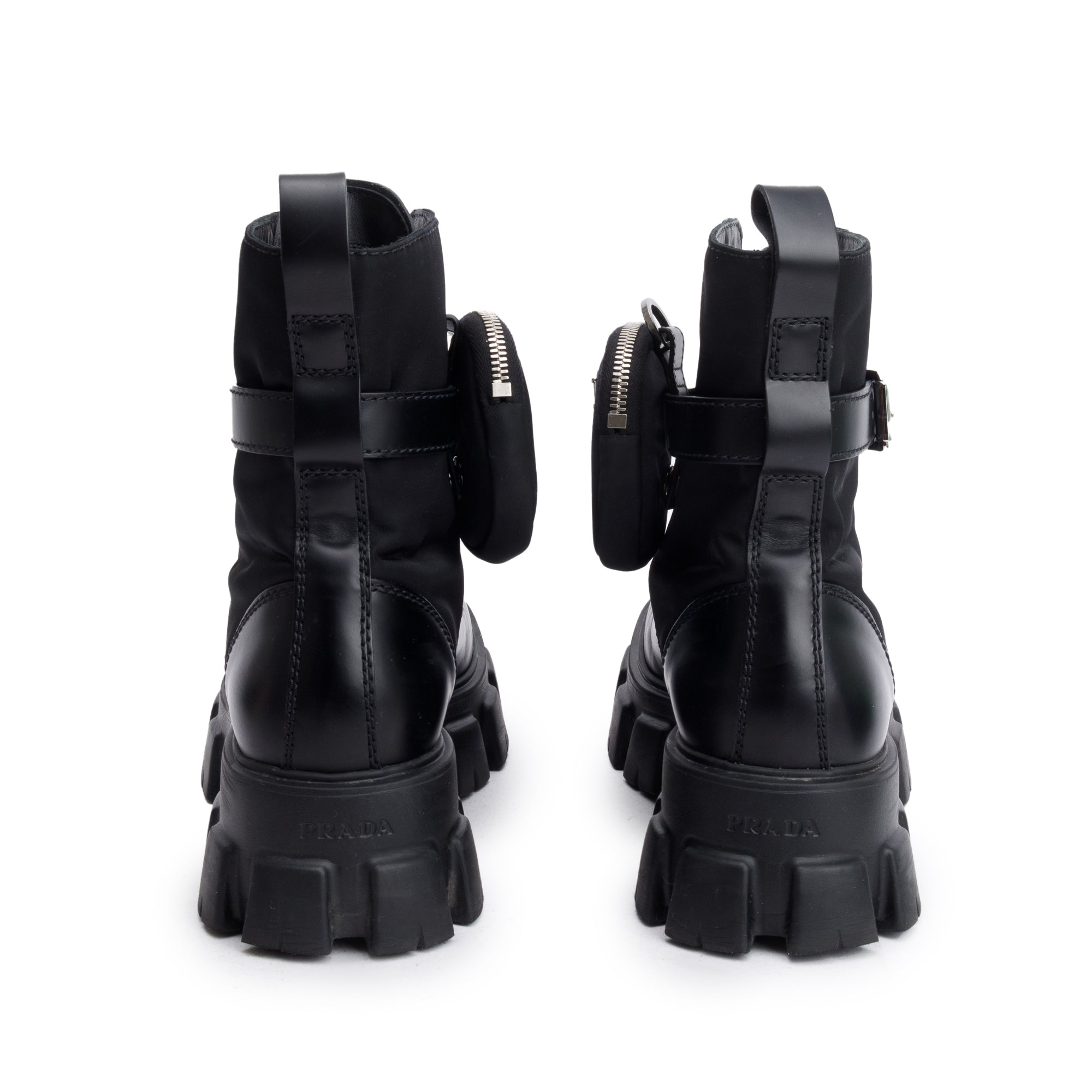 Prada Black Monolith Leather and Re-Nylon Boots with Pouch, Size 8