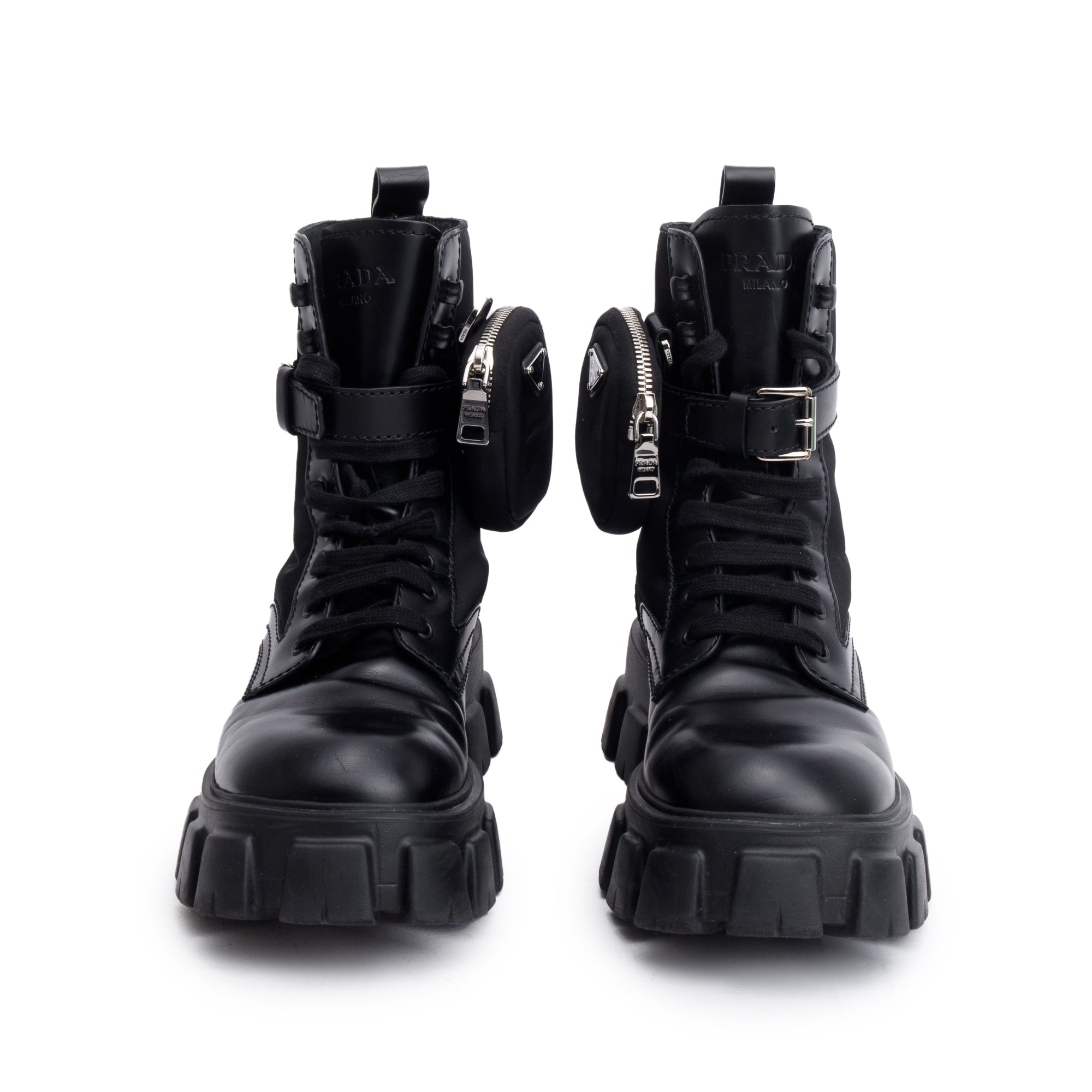 Prada Black Monolith Leather and Re-Nylon Boots with Pouch, Size 8