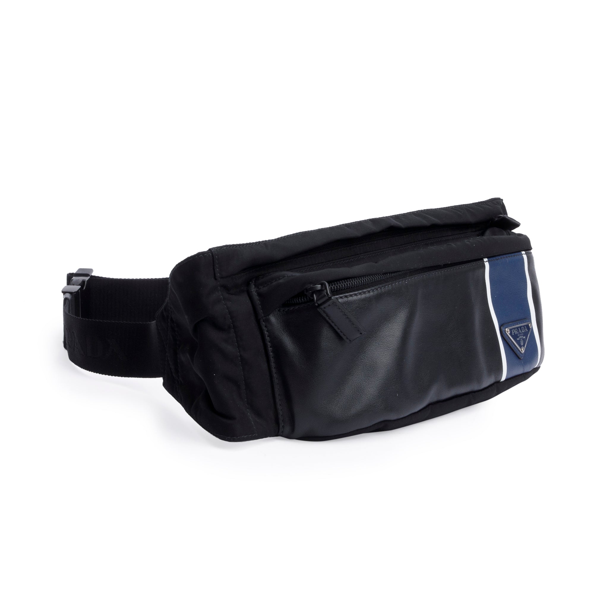Prada Black Nappa Tessuto Nylon Stripe Montagne Belt Bag