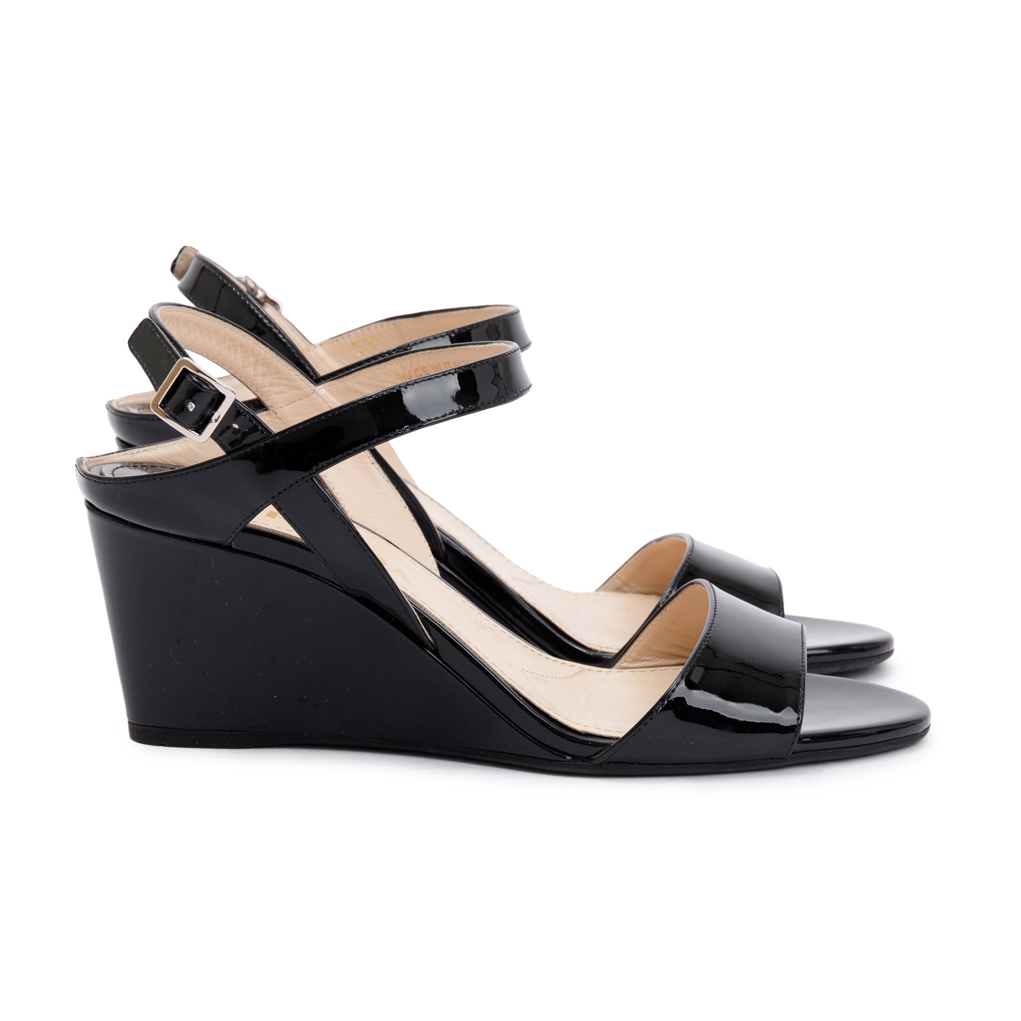 Prada Black Patent Leather Calzature Donna Wedge Sandals, Size 37 w/ Box