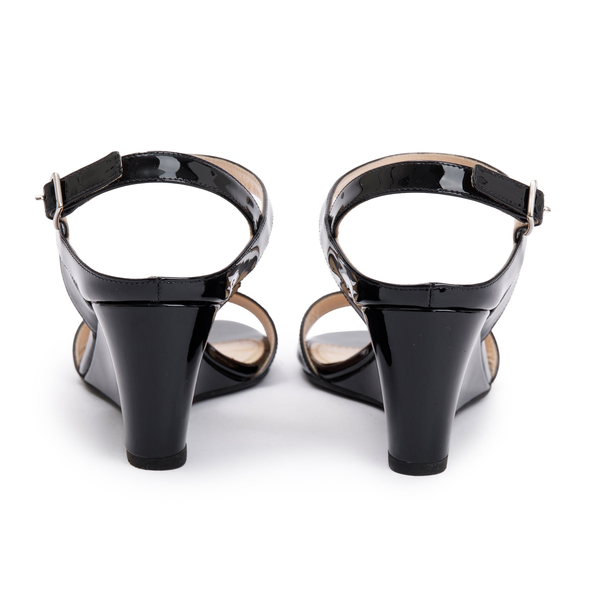 Prada Black Patent Leather Calzature Donna Wedge Sandals, Size 37 w/ Box