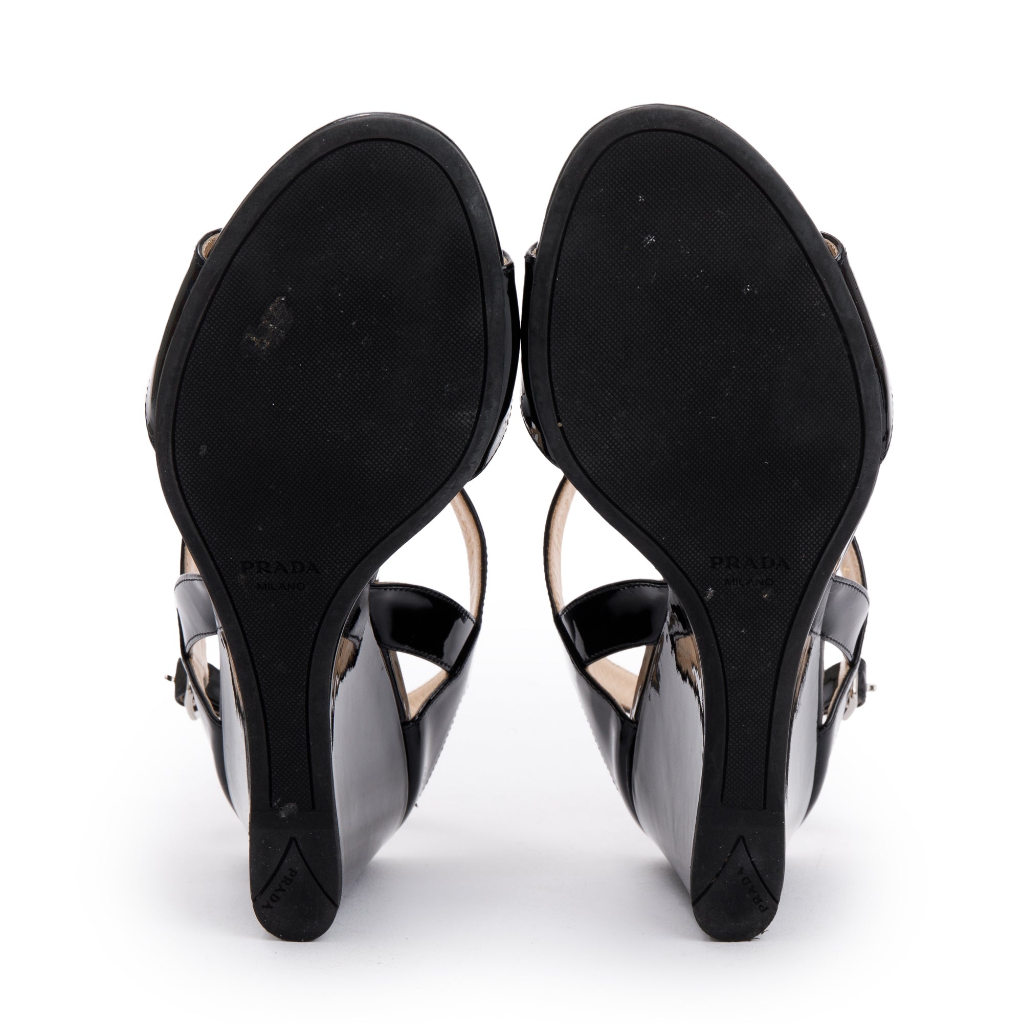 Prada Black Patent Leather Calzature Donna Wedge Sandals, Size 37 w/ Box