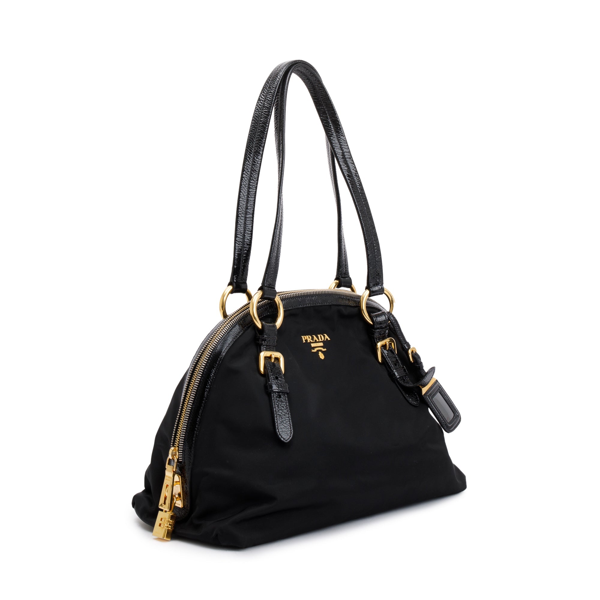 Prada Black Patent Leather-Trimmed Tessuto Nylon Dome Tote