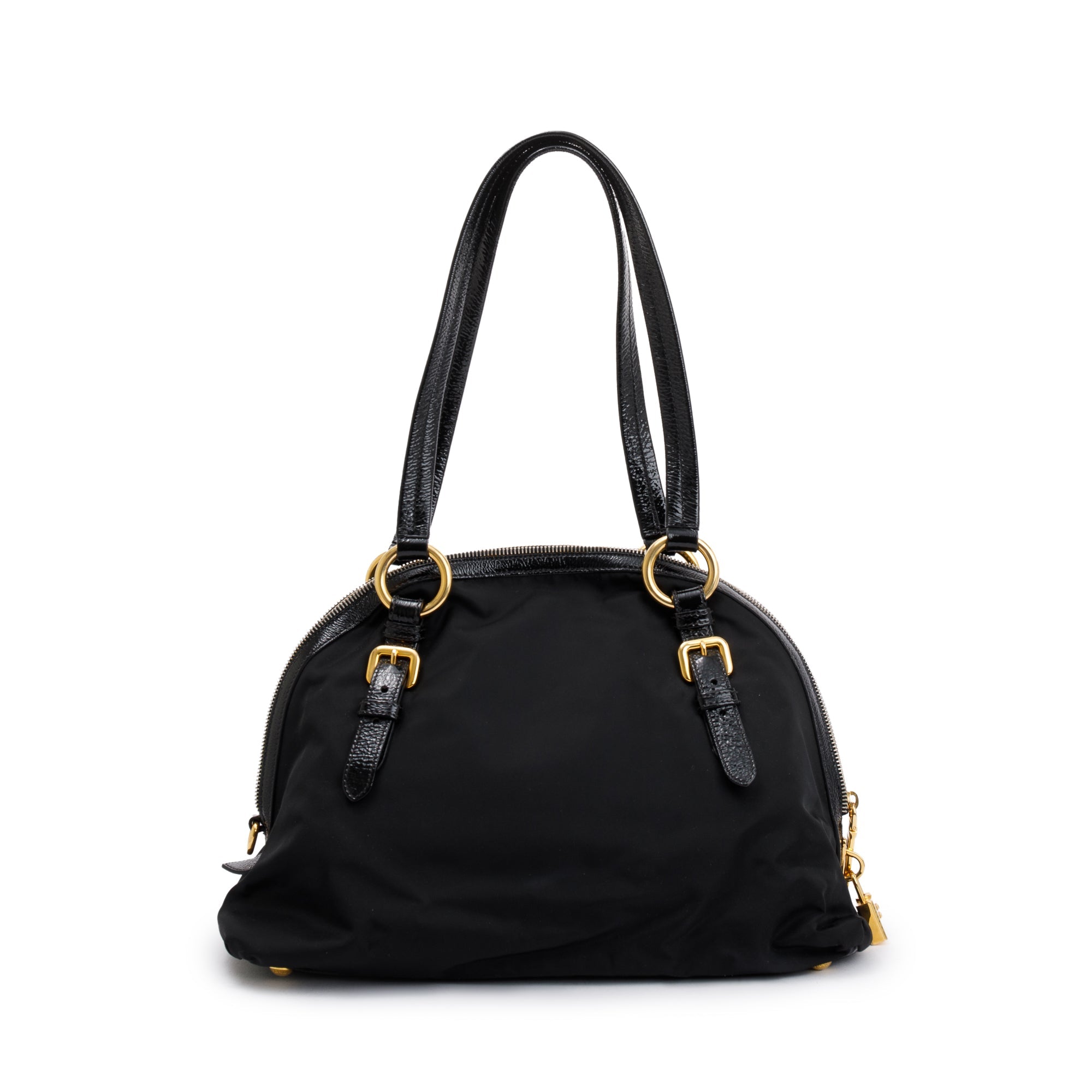 Prada Black Patent Leather-Trimmed Tessuto Nylon Dome Tote