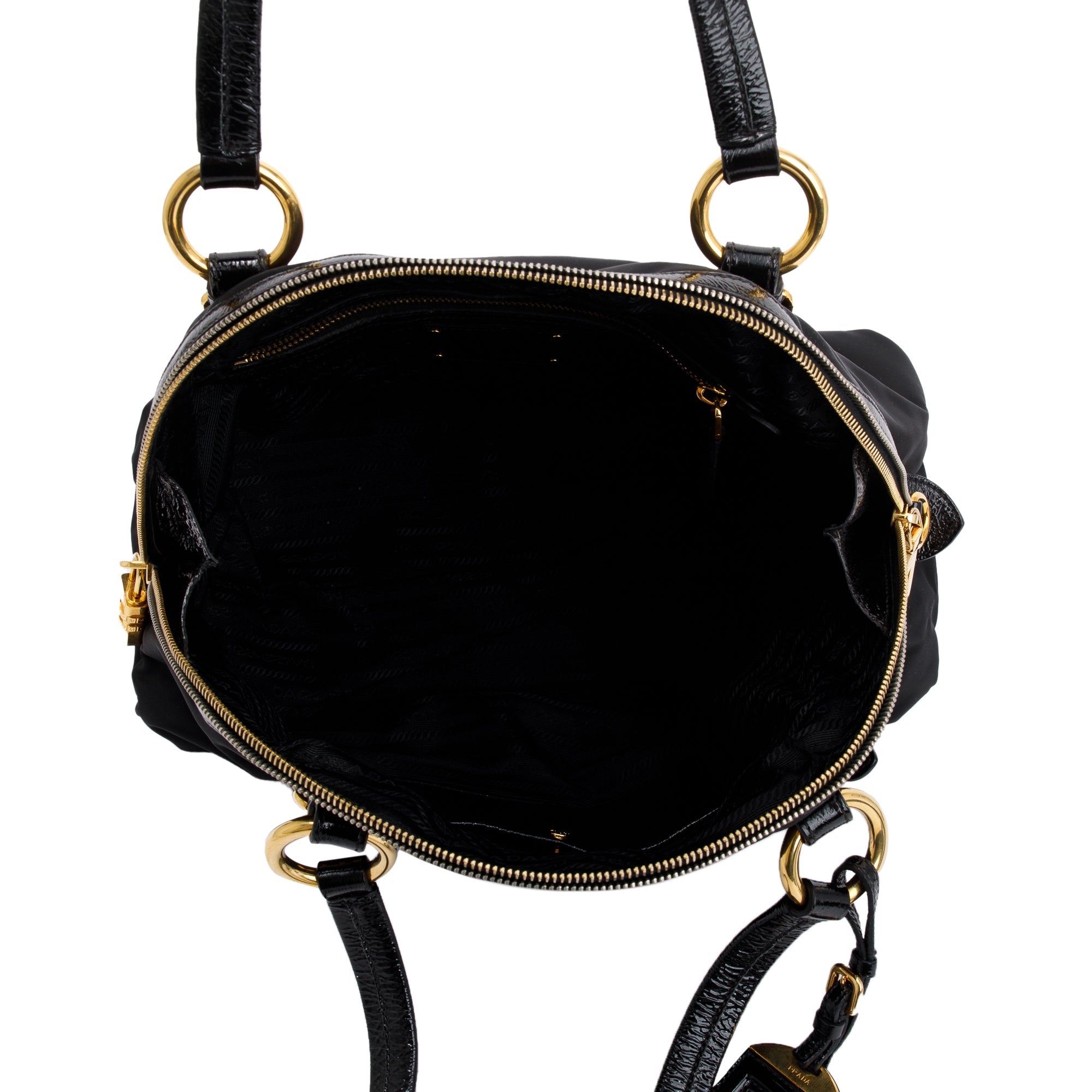Prada Black Patent Leather-Trimmed Tessuto Nylon Dome Tote