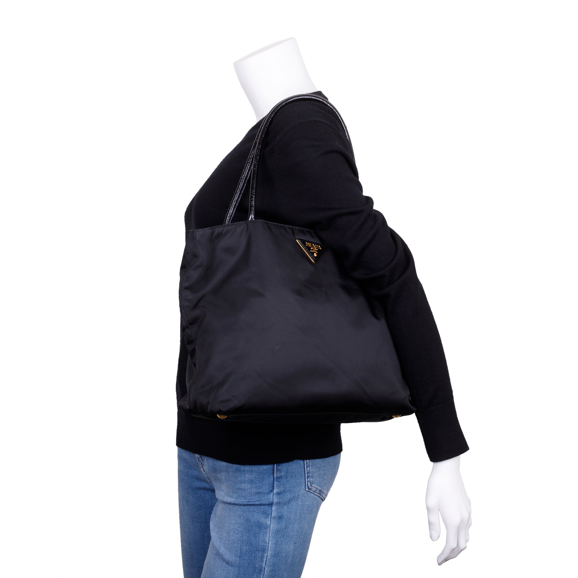 Prada Black Patent Leather Trimmed Tessuto Nylon Tote