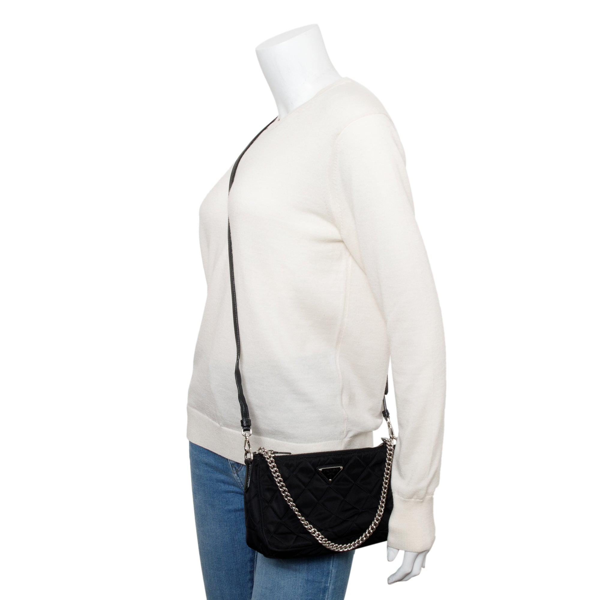 Prada Black Quilted Tessuto Impuntu Chain Crossbody Bag w/ Authenticity Card