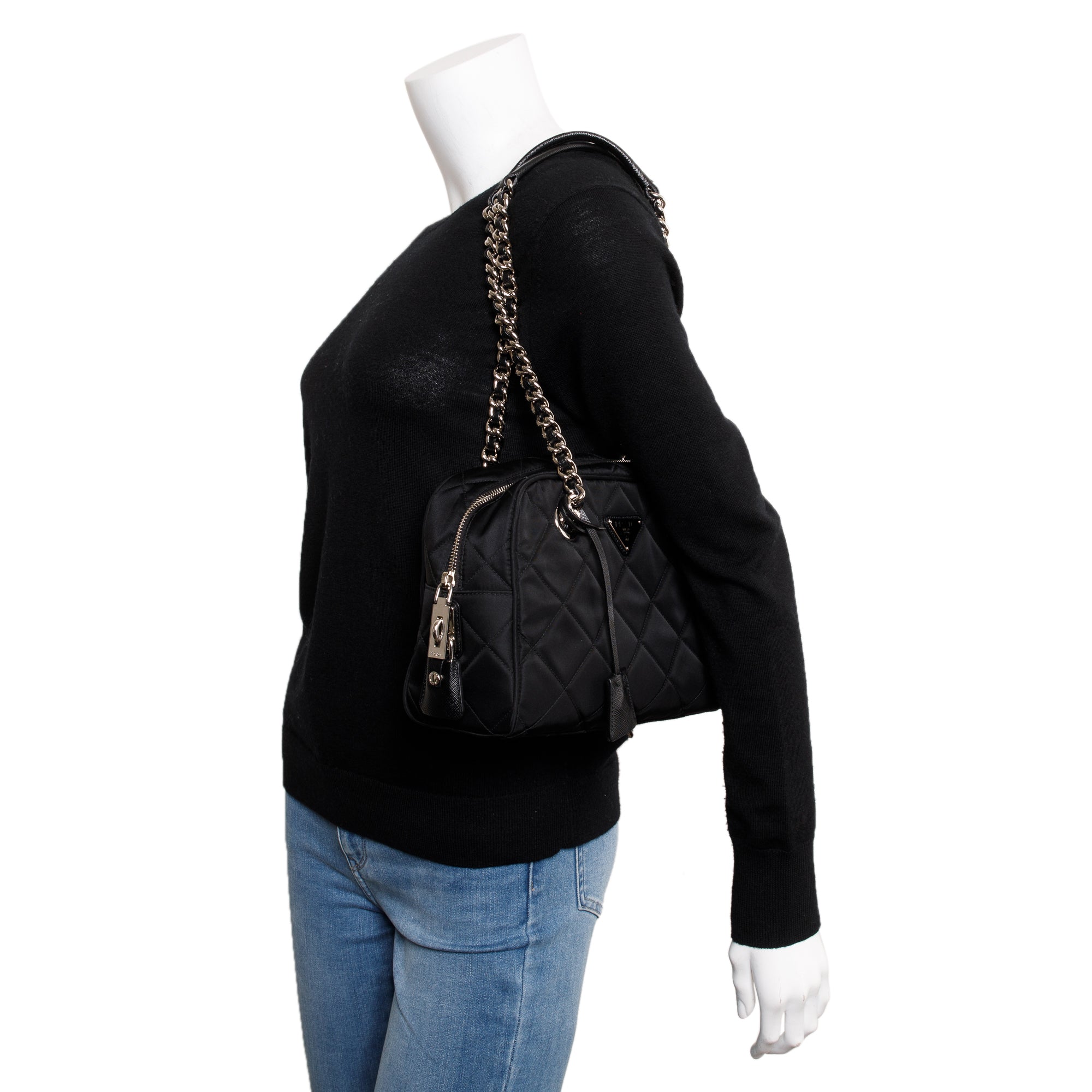 Prada Black Quilted Tessuto Impuntu Chain Shoulder Bag w/ Authenticity Card