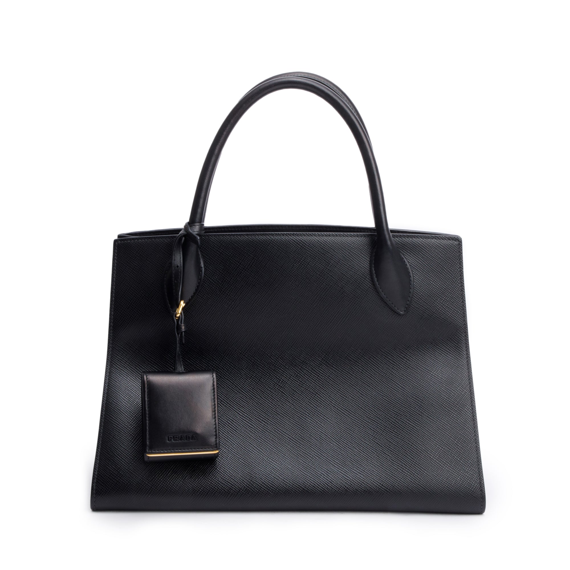 Prada Black Saffiano Cuir Medium Monochrome Top Handle Tote w/ Strap & Authenticity Card