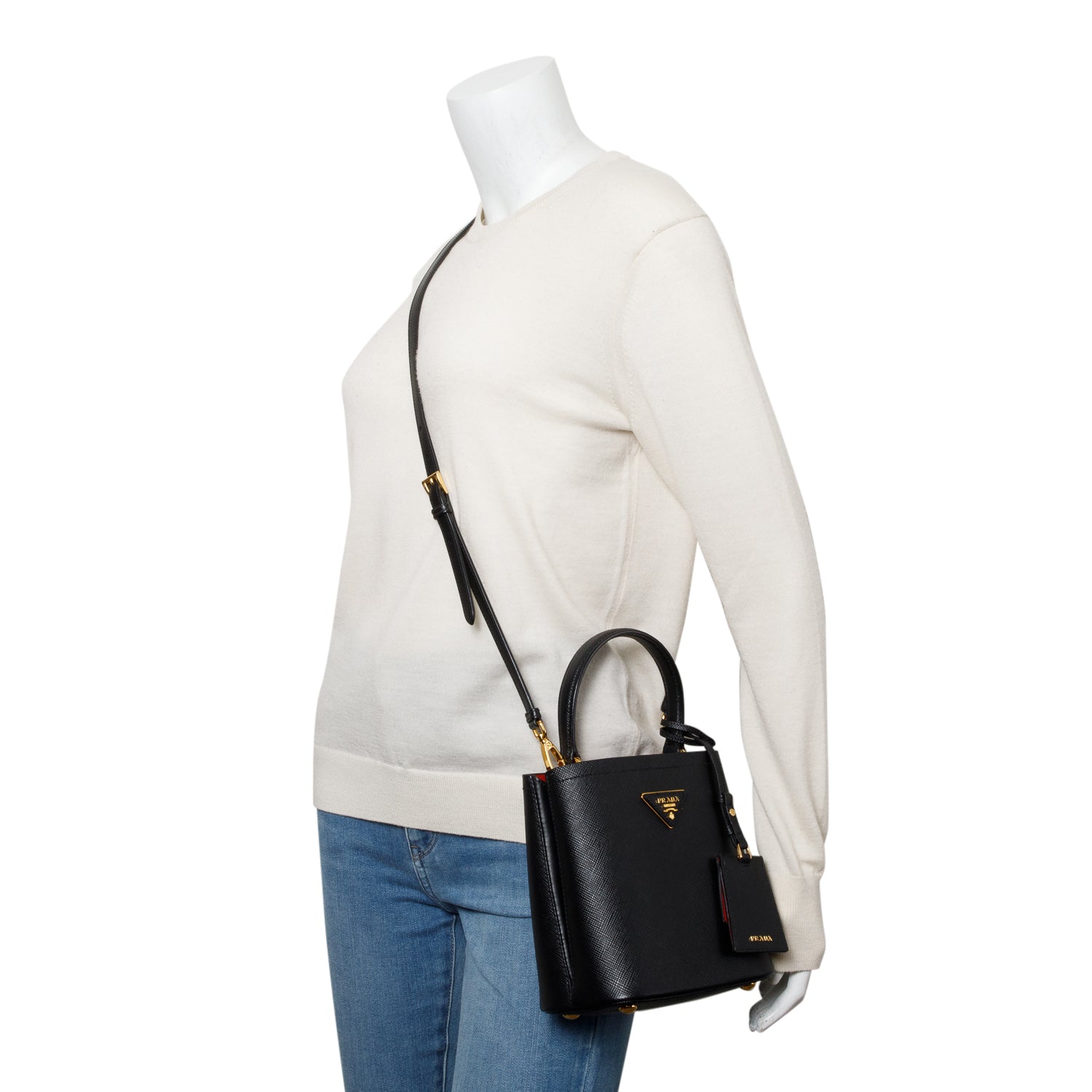 Prada Black Saffiano Cuir Small Panier Bag w/ Strap & Box