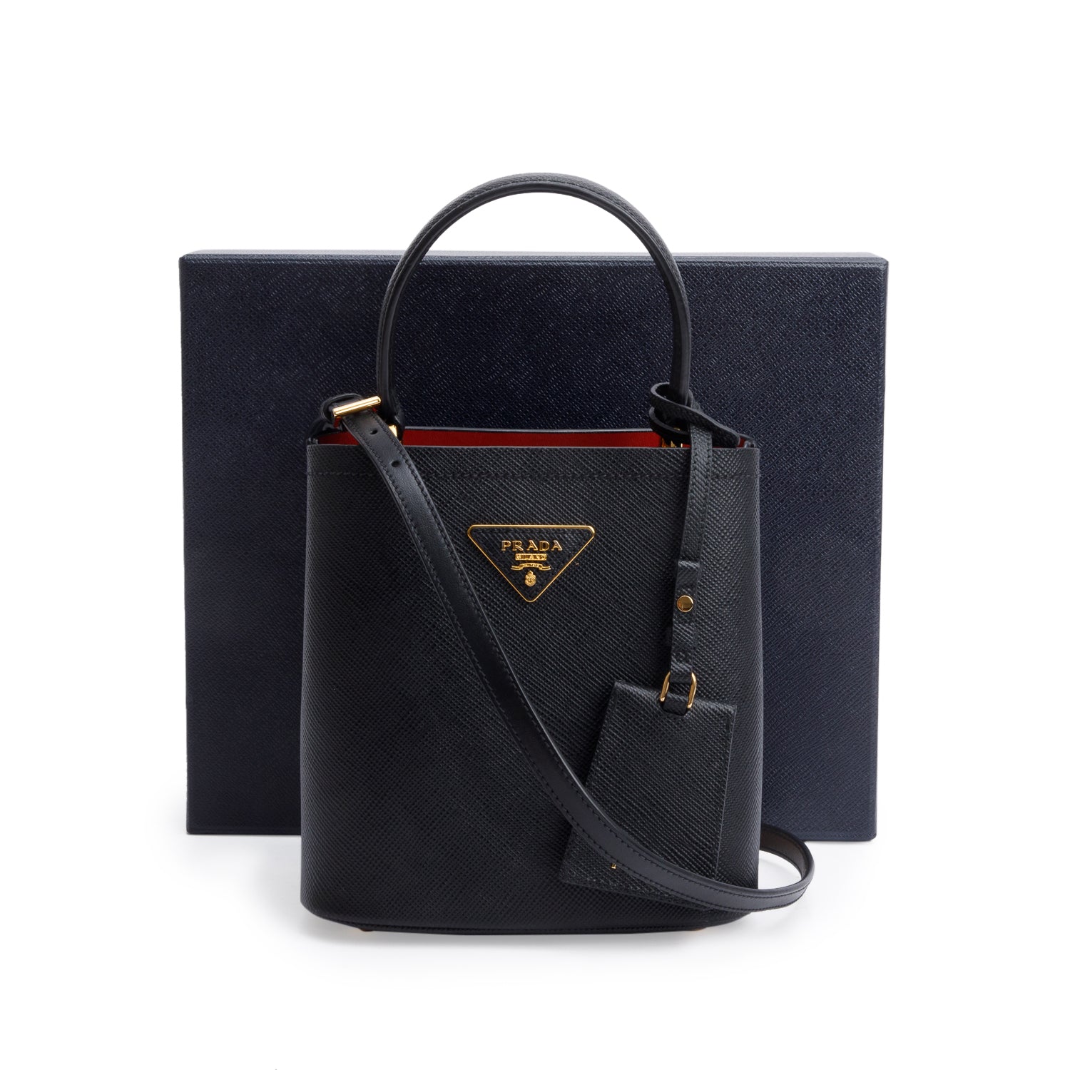 Prada Black Saffiano Cuir Small Panier Bag w/ Strap & Box