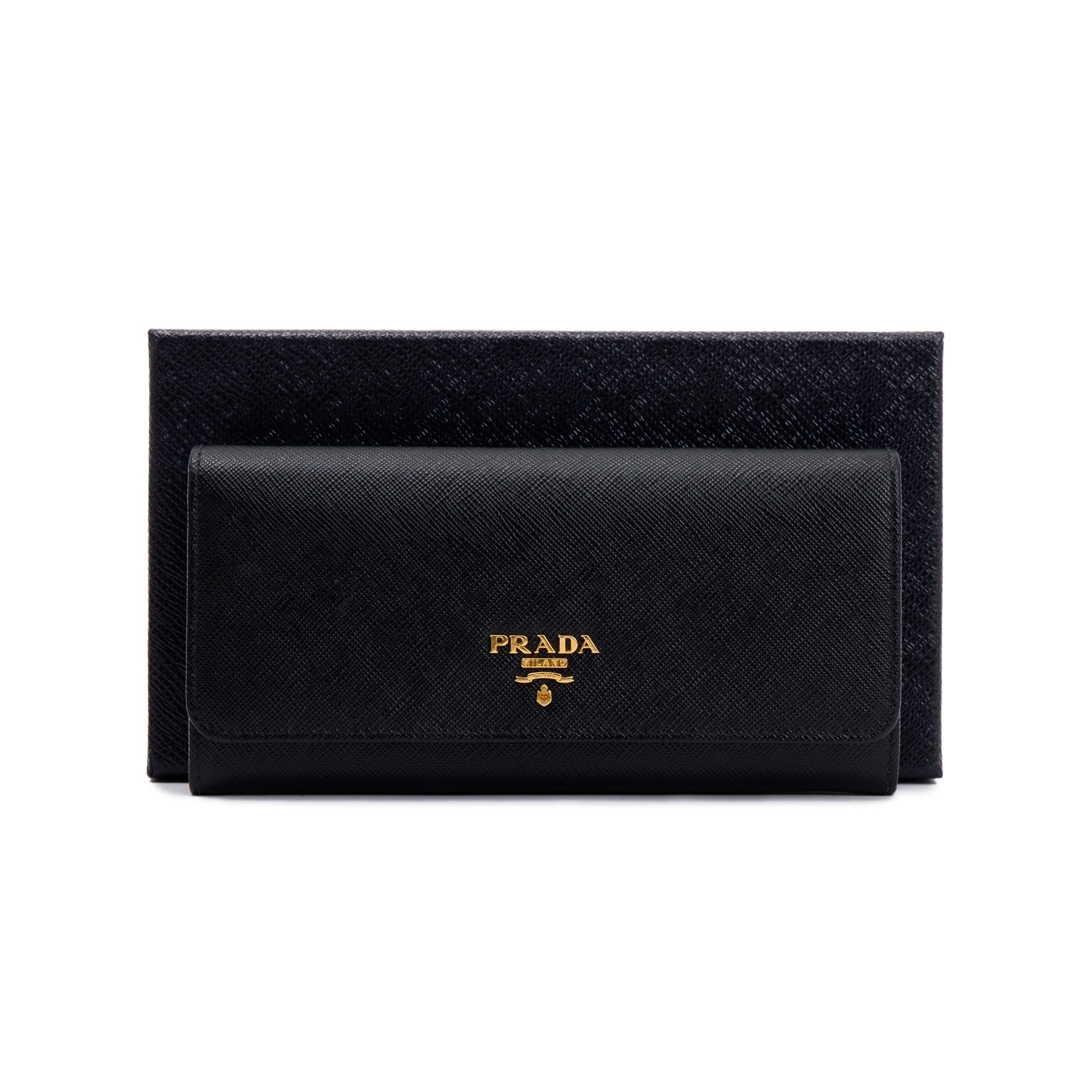 Prada Black Saffiano Leather Continental Wallet w/ Insert & Box