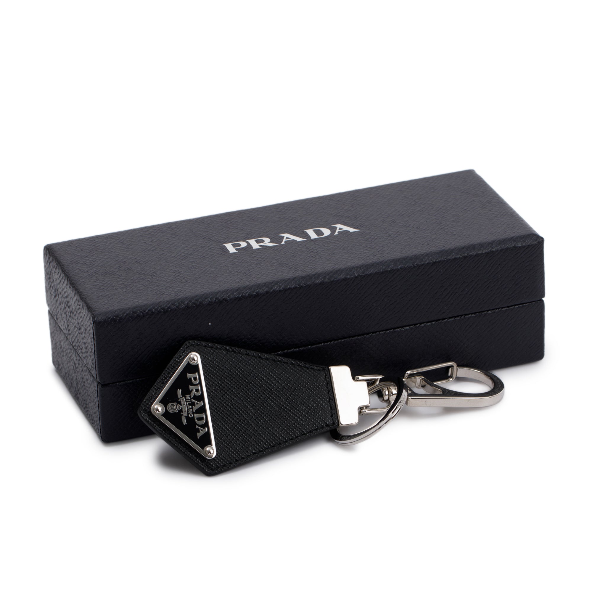 Prada Black Saffiano Leather Logo Keychain w/ Box