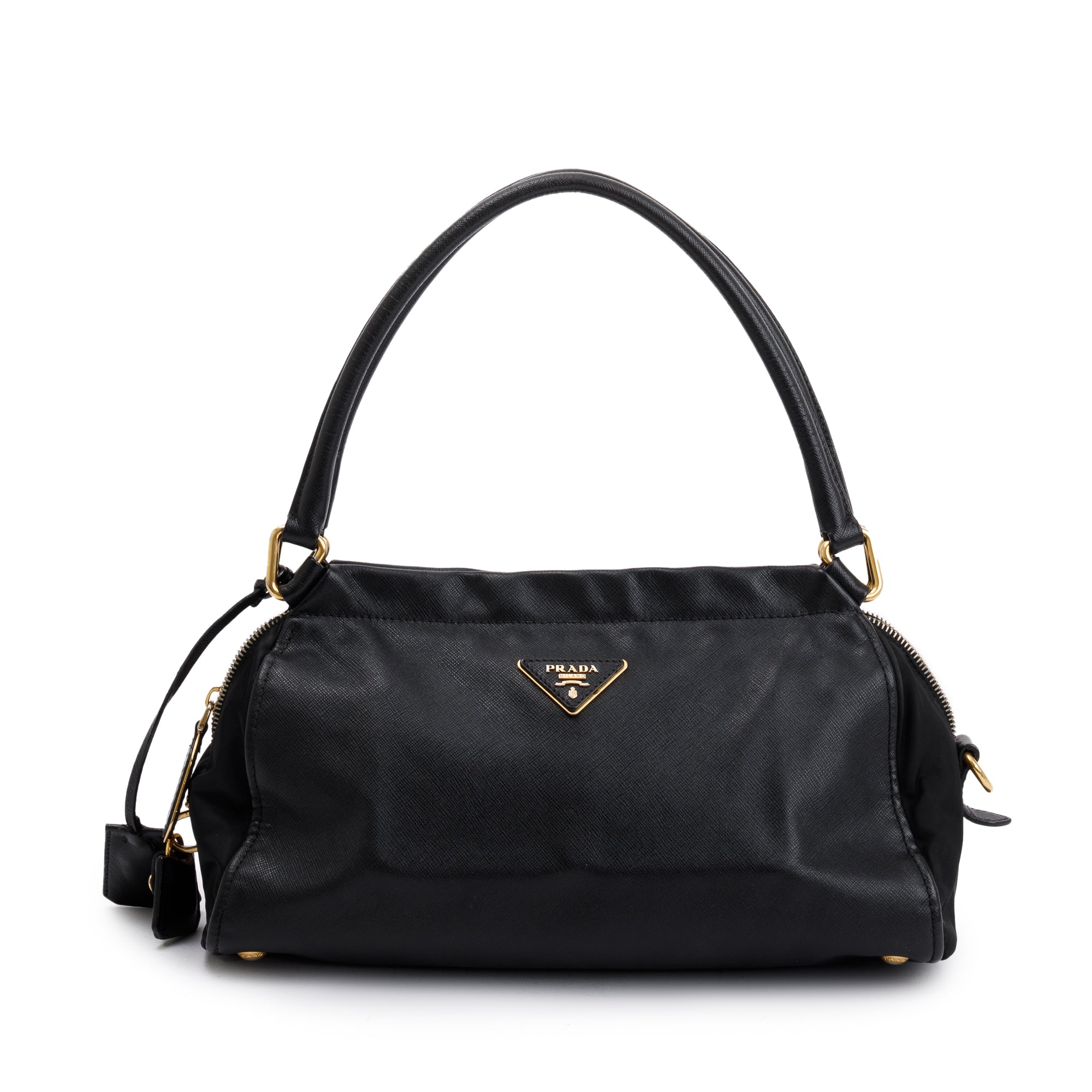 Prada Black Saffiano Leather & Tessuto Vernice Bauletto Frame Bag