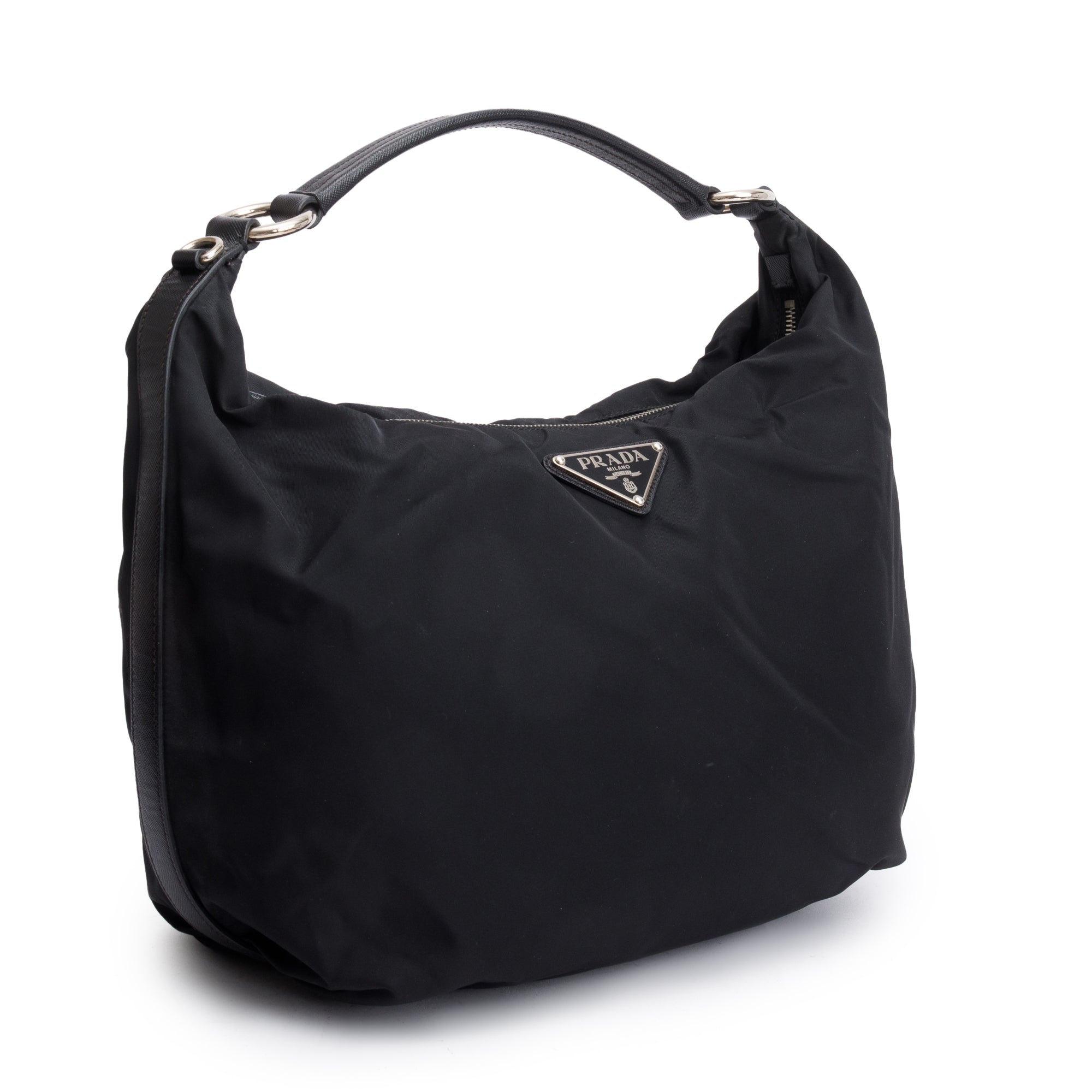 Prada Black Saffiano Leather-Trimmed Tessuto Nylon Hobo Bag