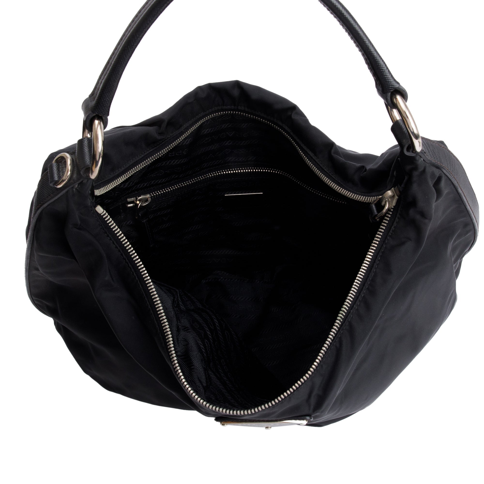 Prada Black Saffiano Leather-Trimmed Tessuto Nylon Hobo Bag