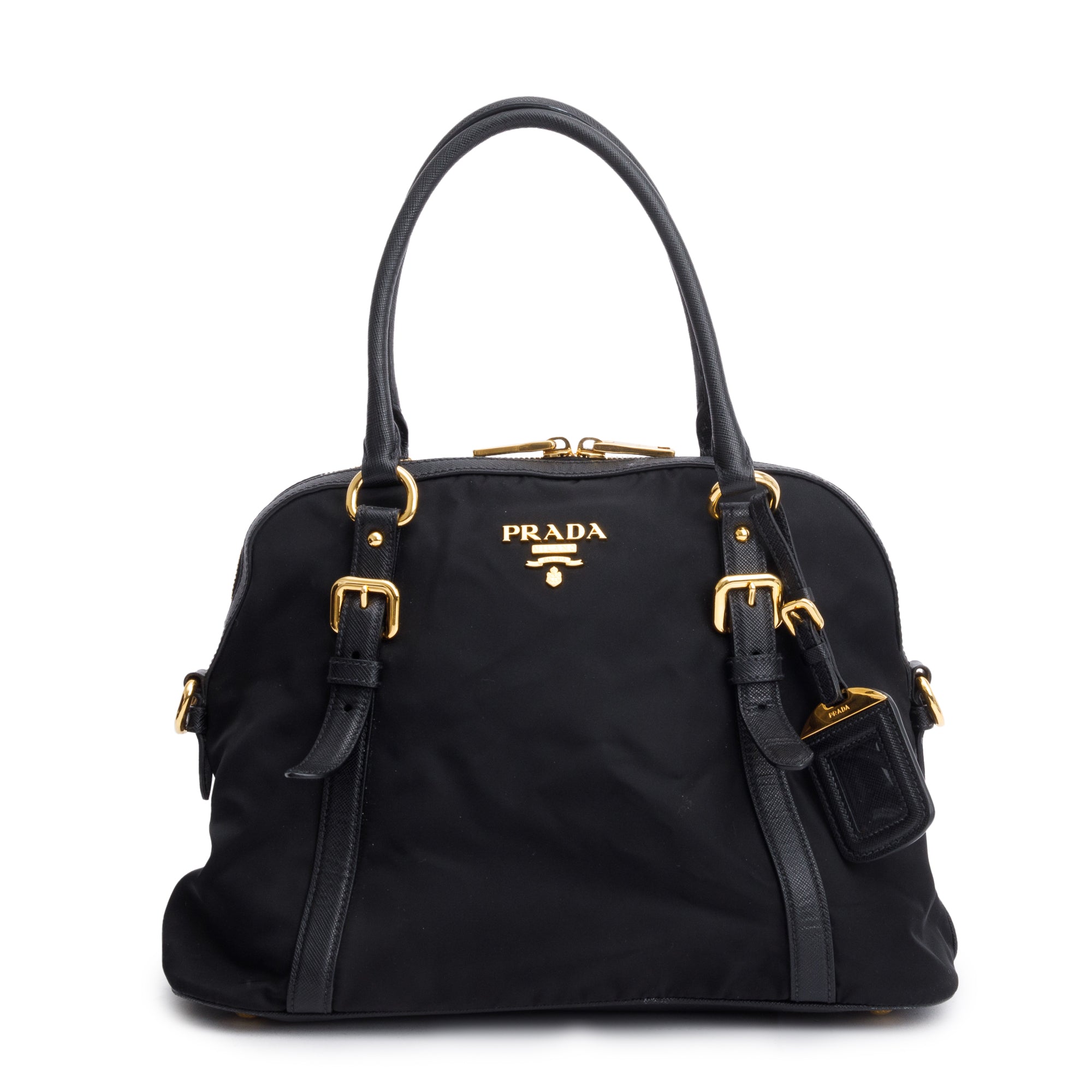 Prada Black Saffiano Leather-Trimmed Tessuto Nylon Shoulder Bag w/ Strap