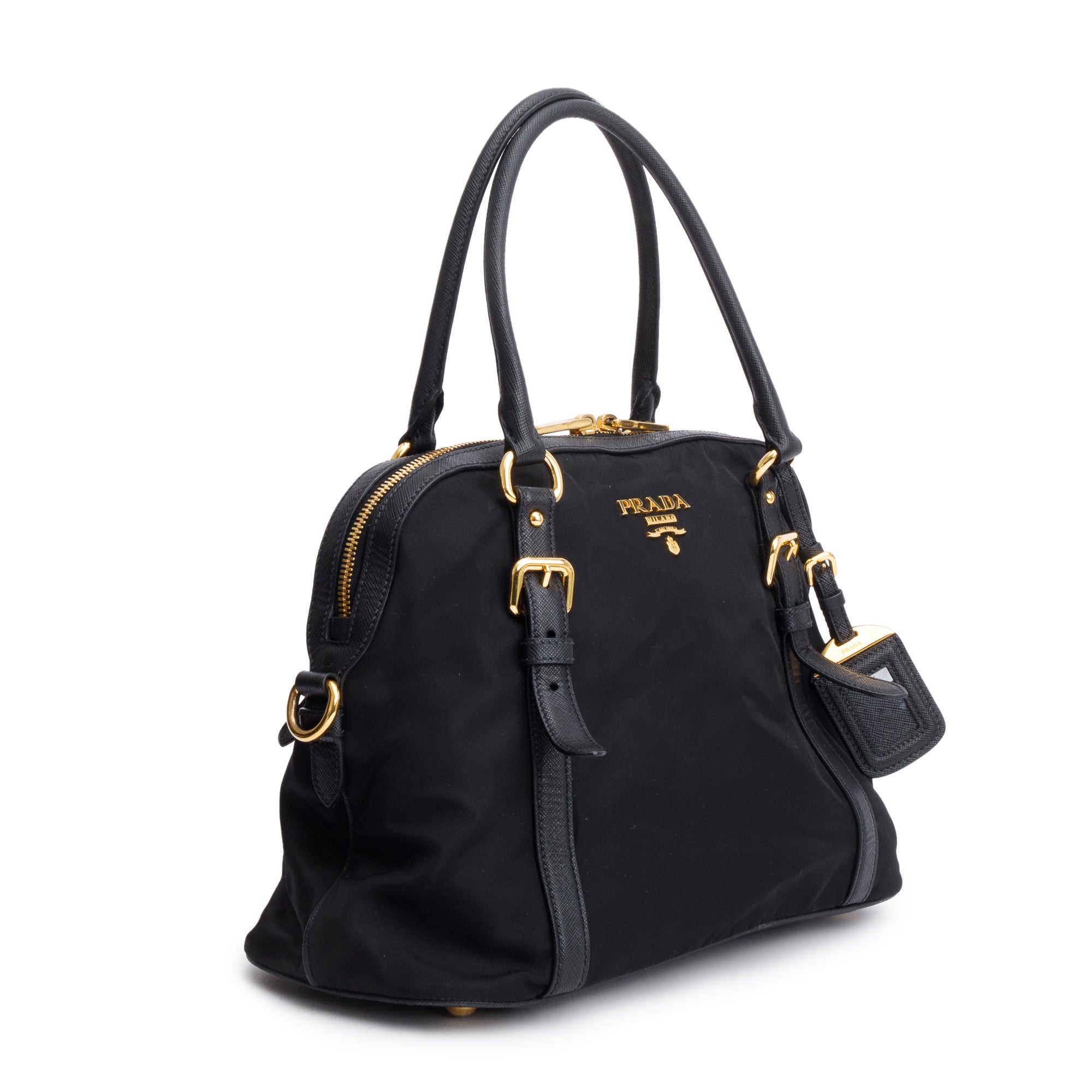 Prada Black Saffiano Leather-Trimmed Tessuto Nylon Shoulder Bag w/ Strap