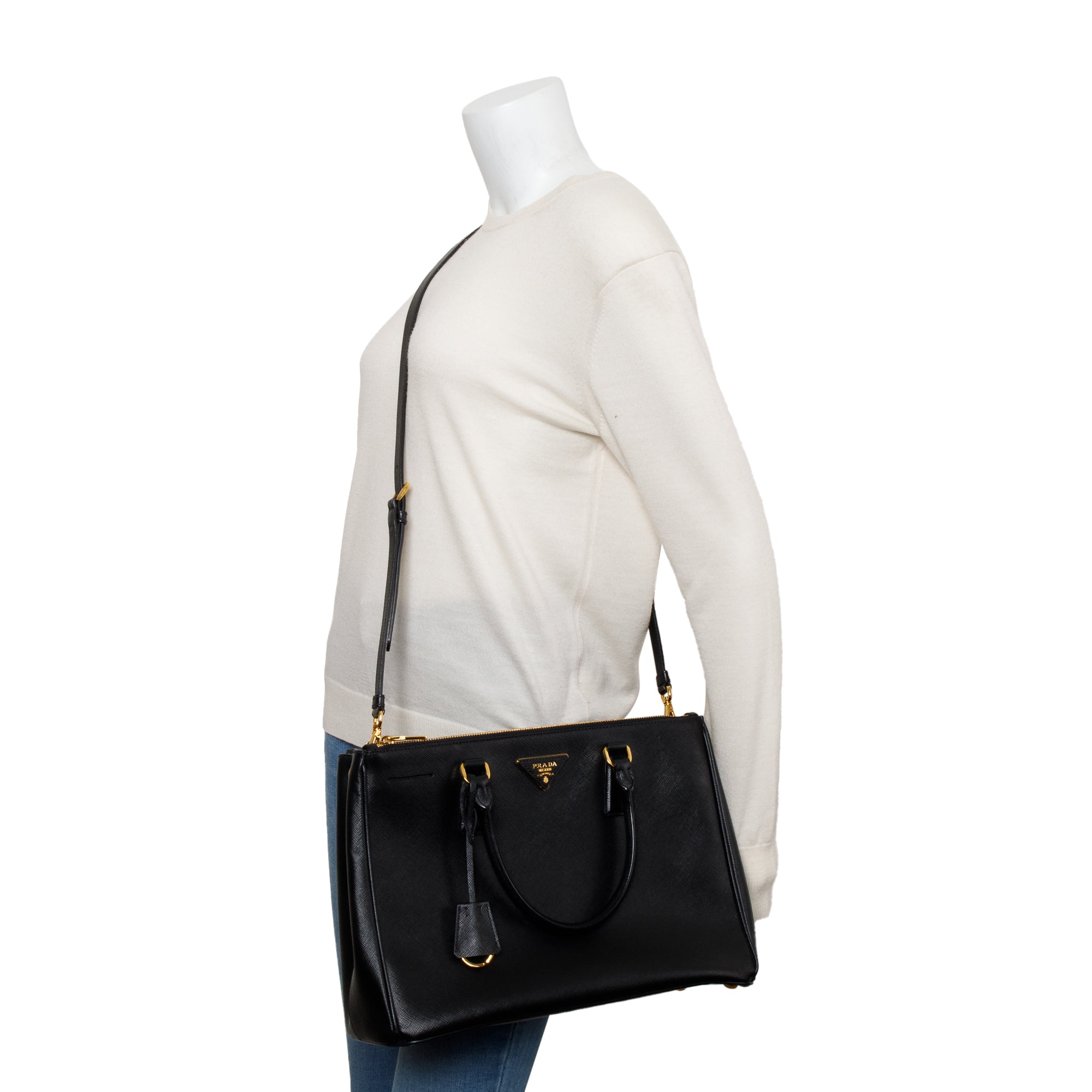 Prada Black Saffiano Lux Medium Double Zip Galleria Tote w/ Strap & Box