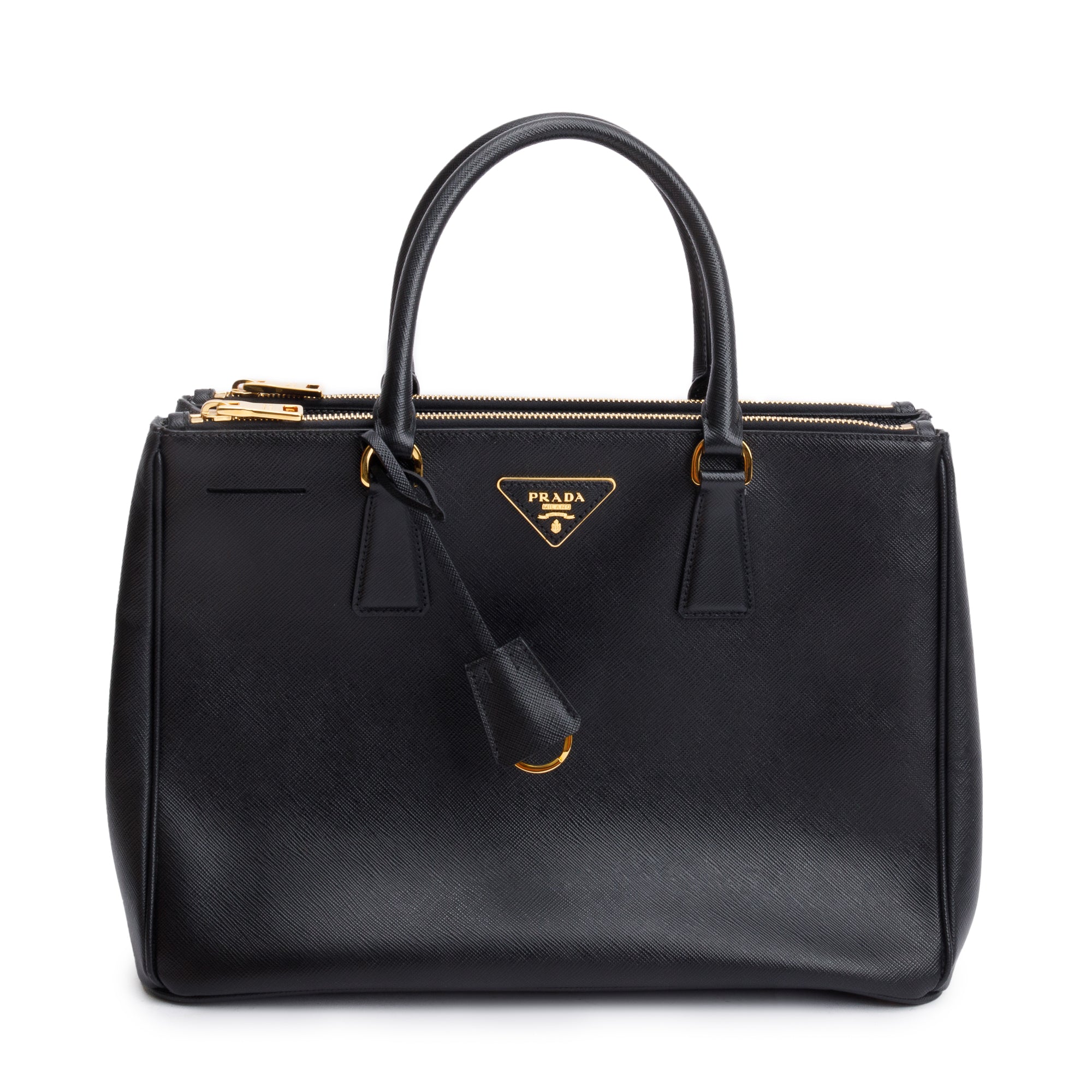 Prada Black Saffiano Lux Medium Double Zip Galleria Tote w/ Strap & Box