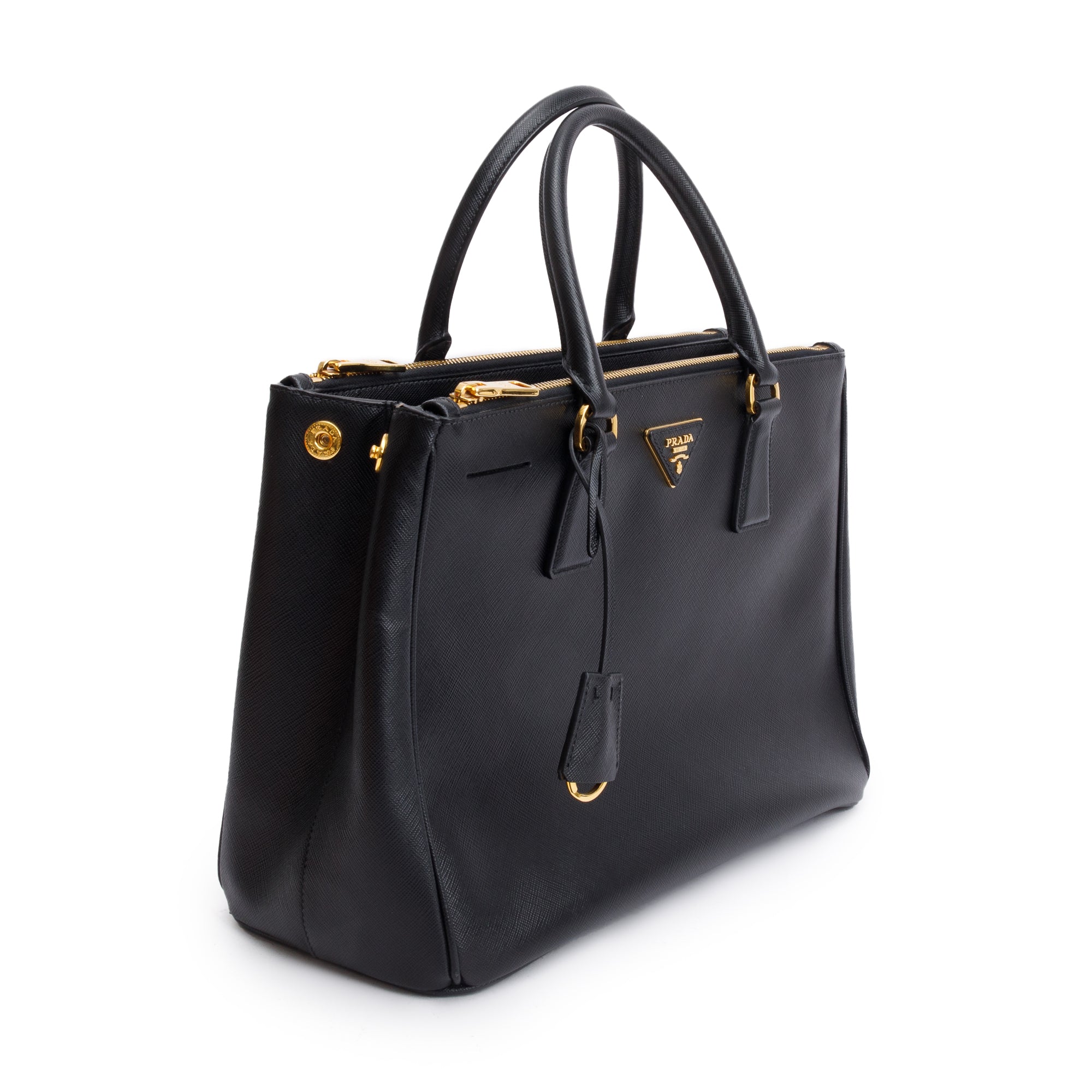 Prada Black Saffiano Lux Medium Double Zip Galleria Tote w/ Strap & Box